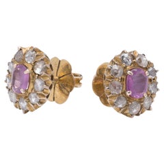 Antique Victorian 9K Gold Pink Sapphire and Rose-Cut Diamond Screw-Back Earrings