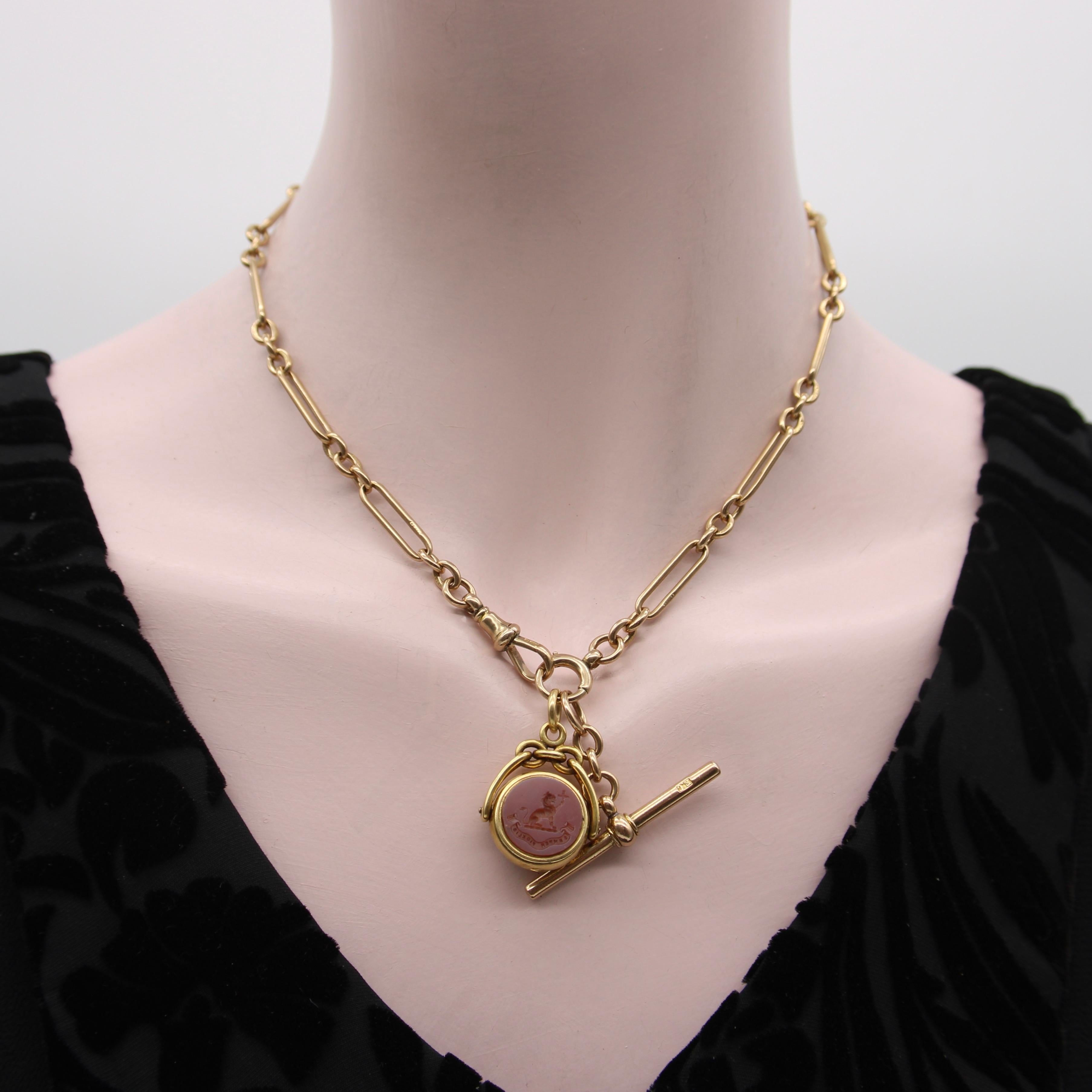 Victorian 9K Gold Trombone Link Chain with T-Bar, Spring Ring, and Dog Clip For Sale 6