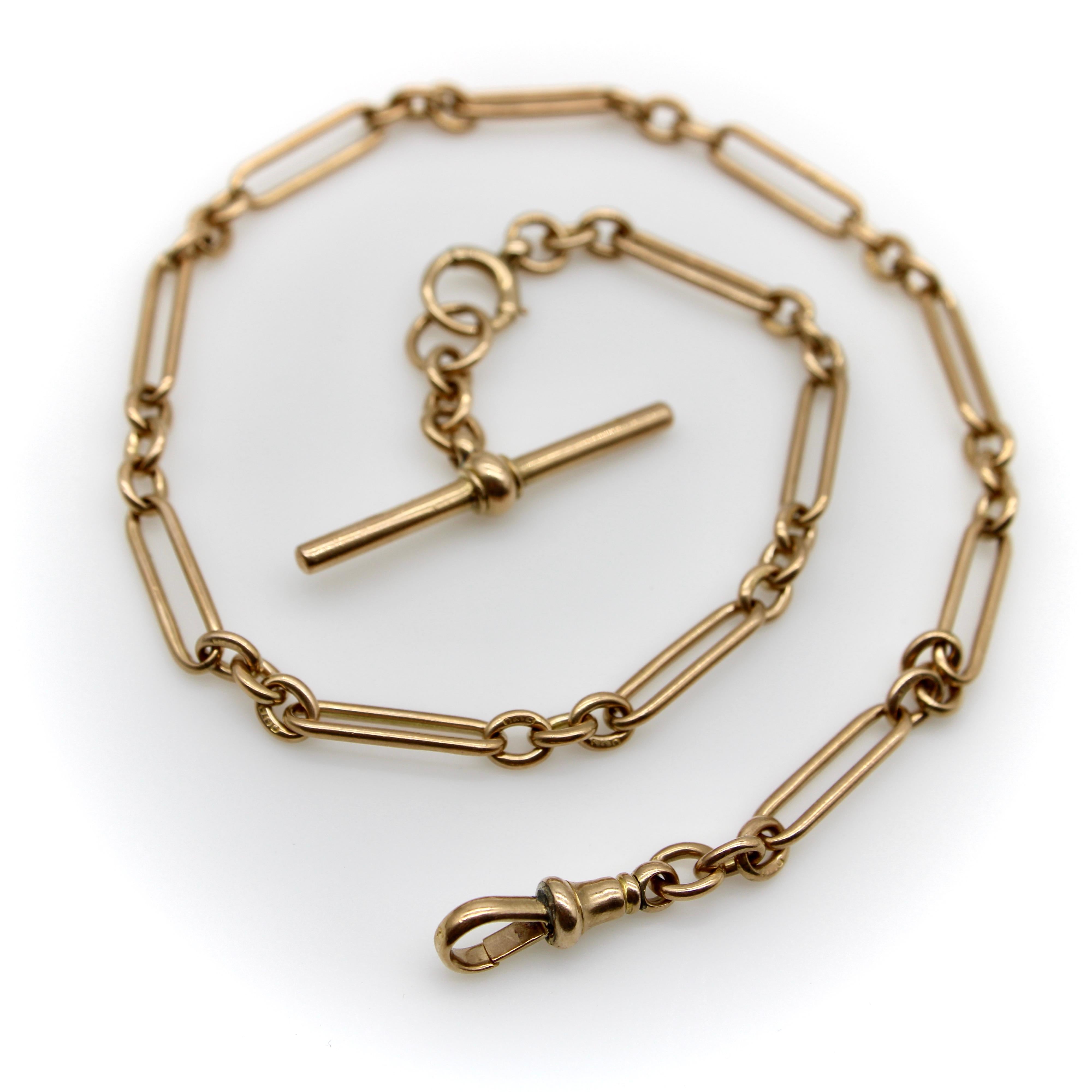 Victorian 9K Gold Trombone Link Chain with T-Bar, Spring Ring, and Dog Clip In Good Condition For Sale In Venice, CA