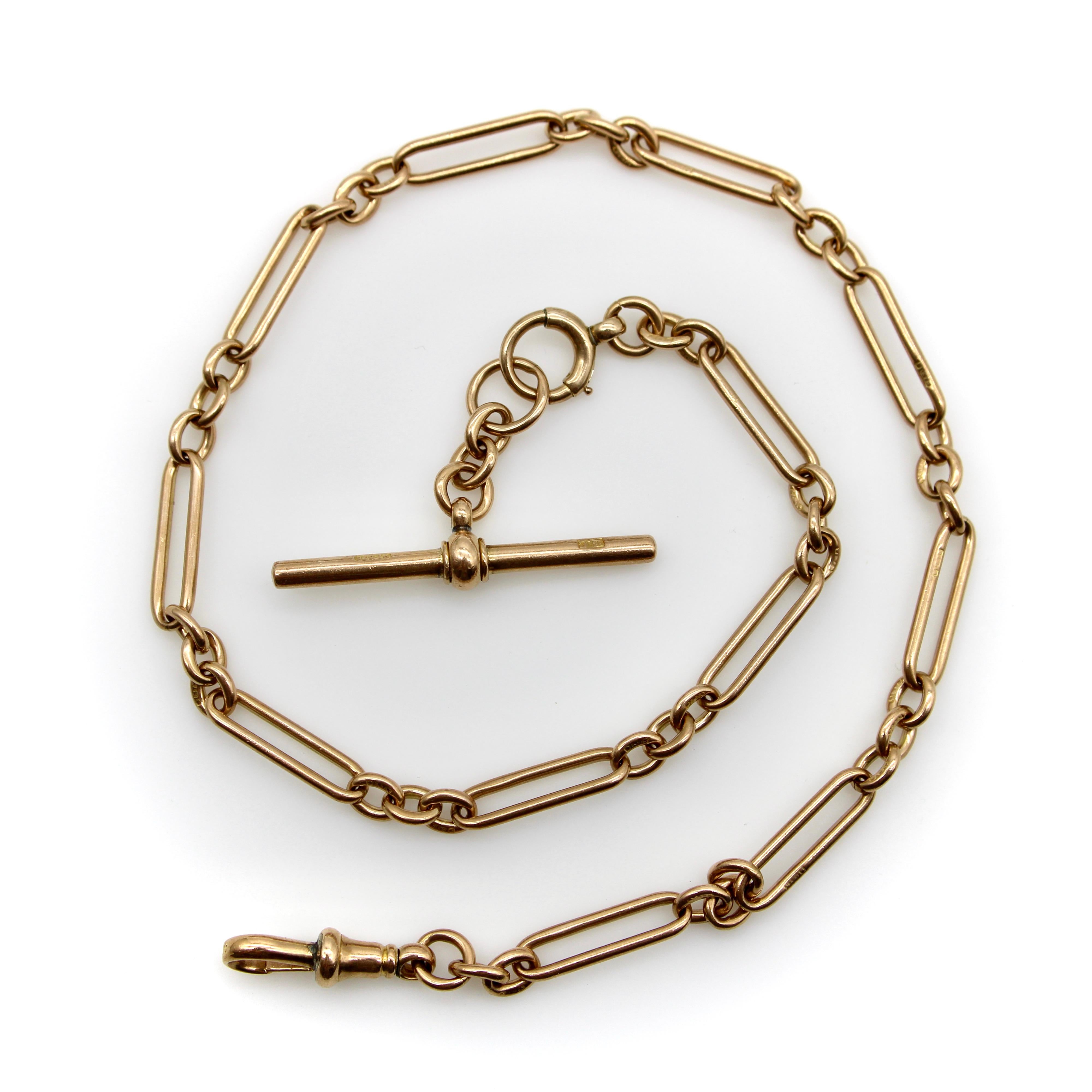 Women's or Men's Victorian 9K Gold Trombone Link Chain with T-Bar, Spring Ring, and Dog Clip For Sale