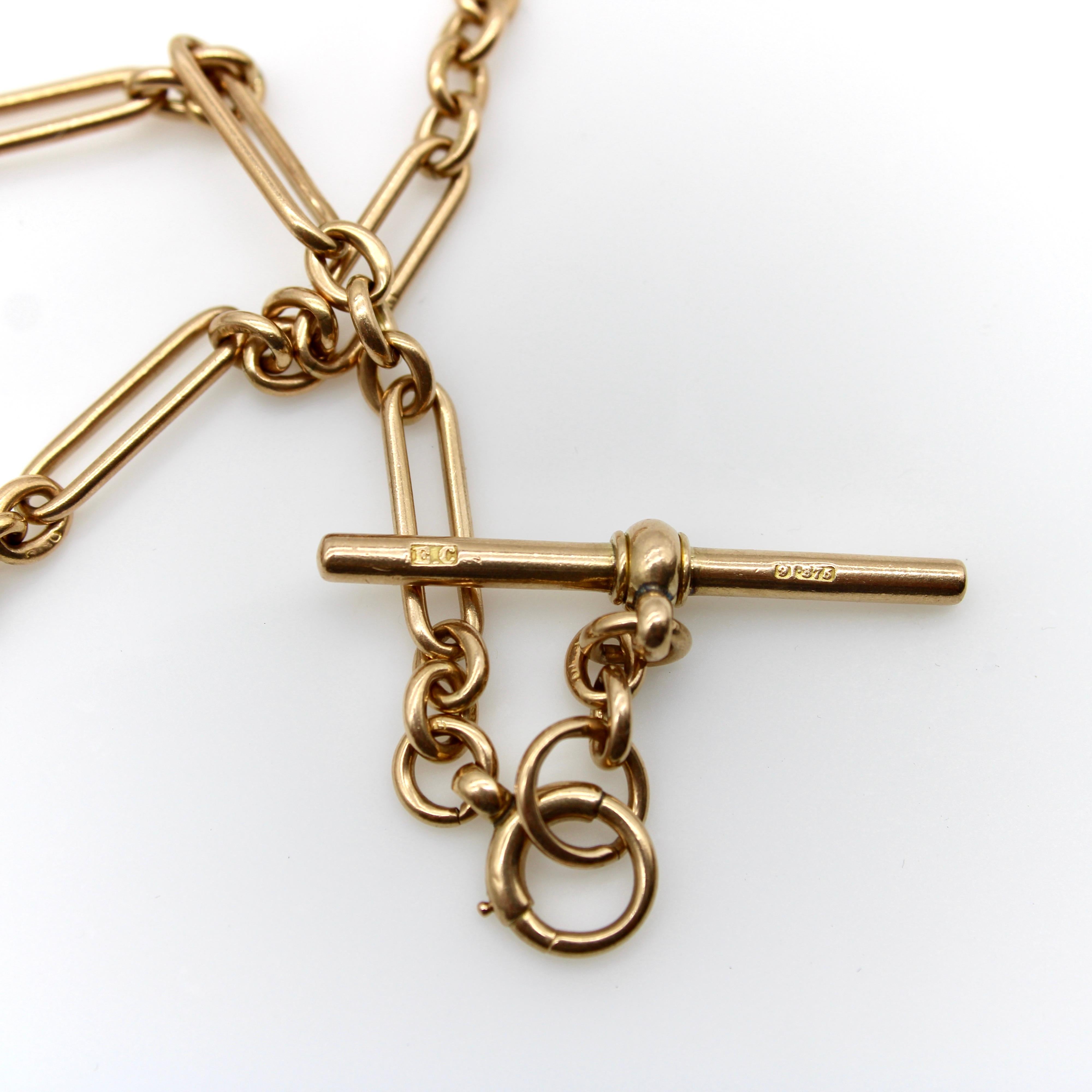 Victorian 9K Gold Trombone Link Chain with T-Bar, Spring Ring, and Dog Clip For Sale 1