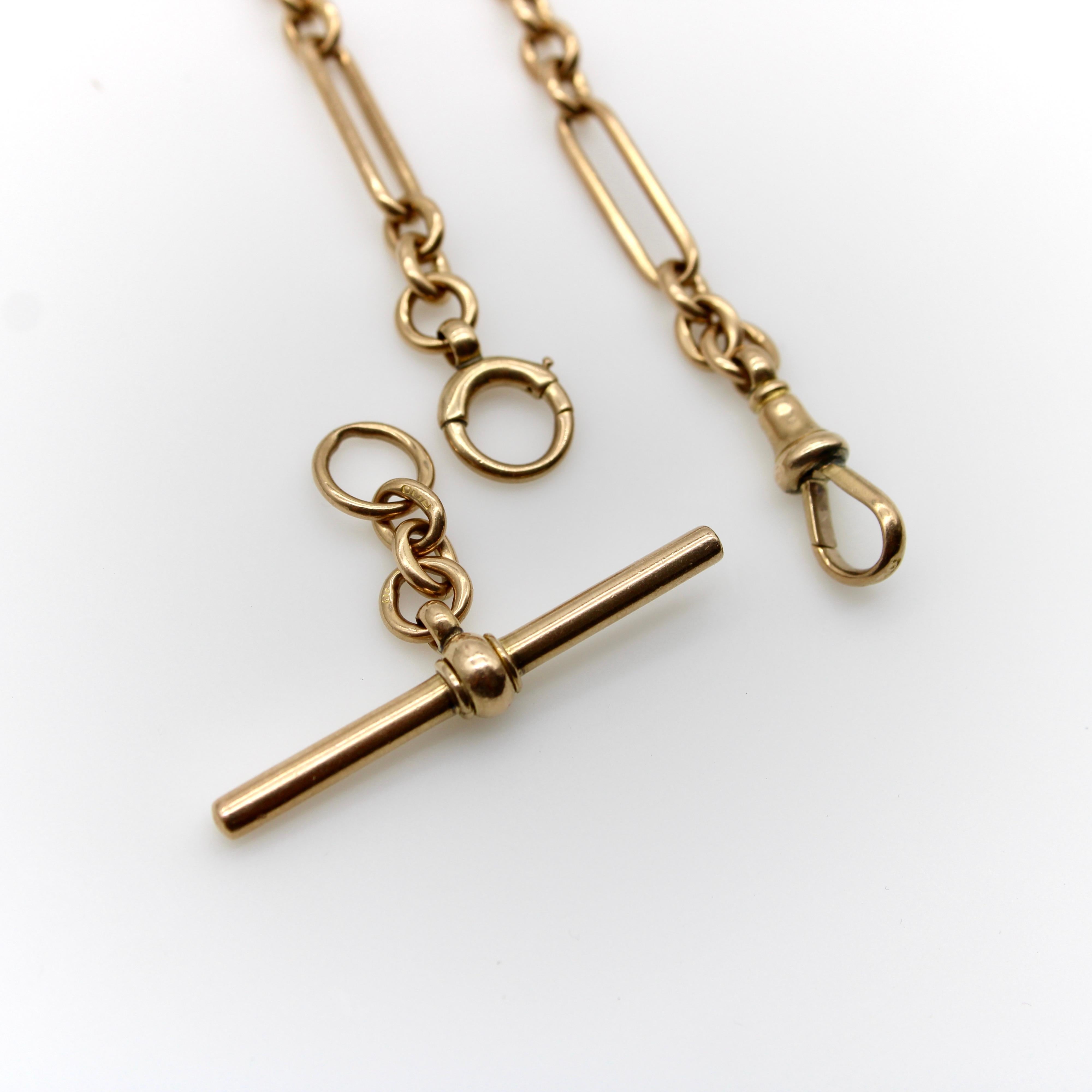 Victorian 9K Gold Trombone Link Chain with T-Bar, Spring Ring, and Dog Clip For Sale 2