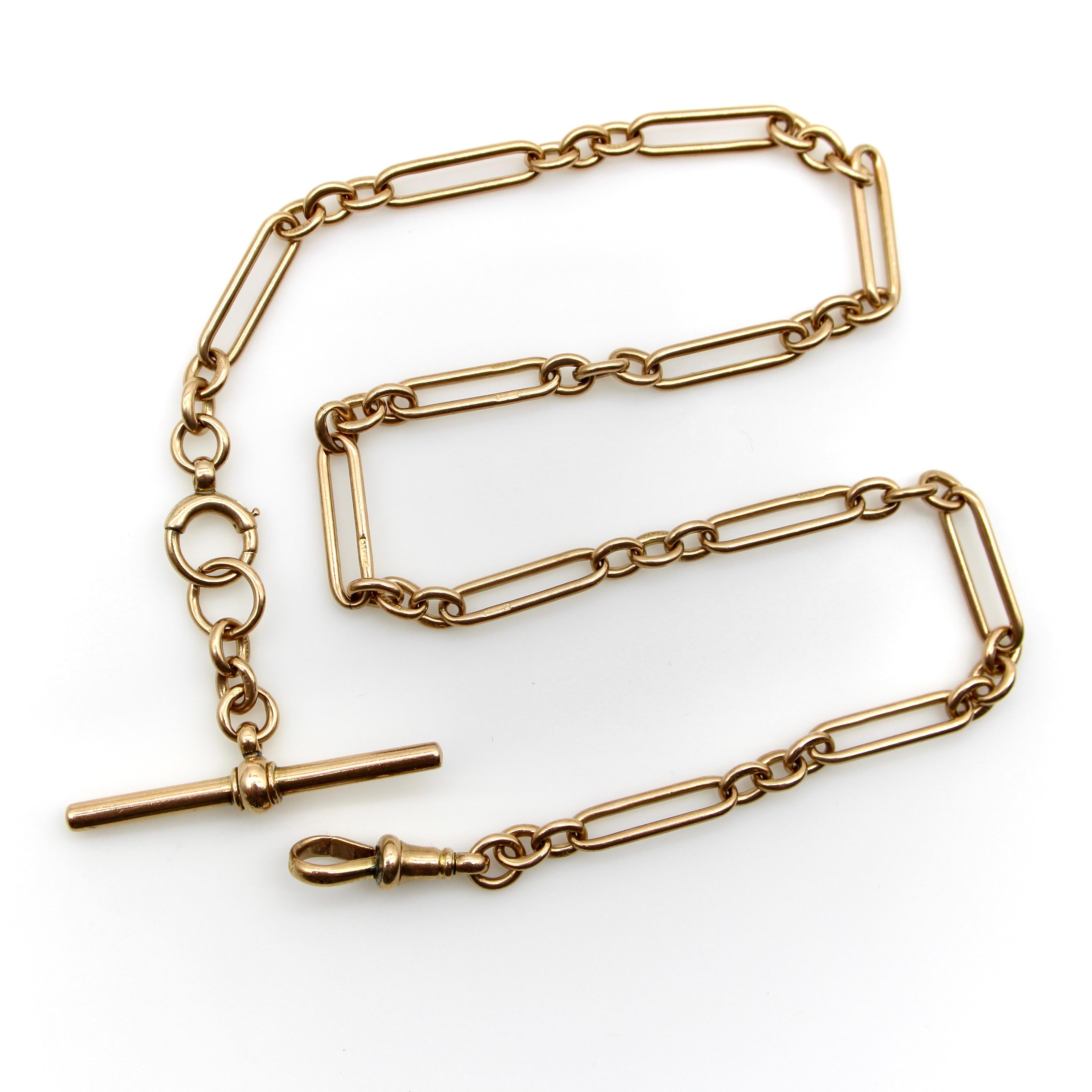 Victorian 9K Gold Trombone Link Chain with T-Bar, Spring Ring, and Dog Clip For Sale 3
