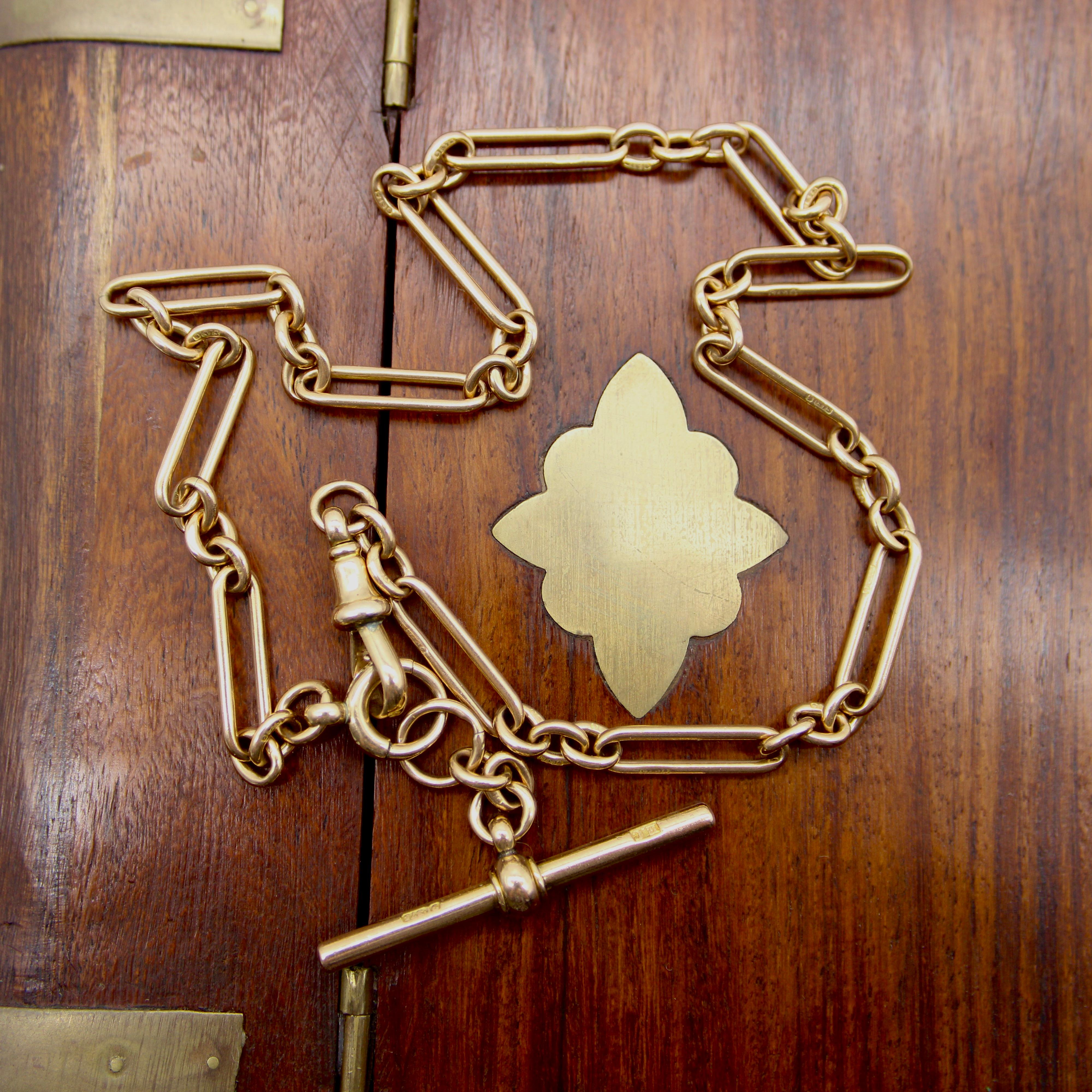 Victorian 9K Gold Trombone Link Chain with T-Bar, Spring Ring, and Dog Clip For Sale 4