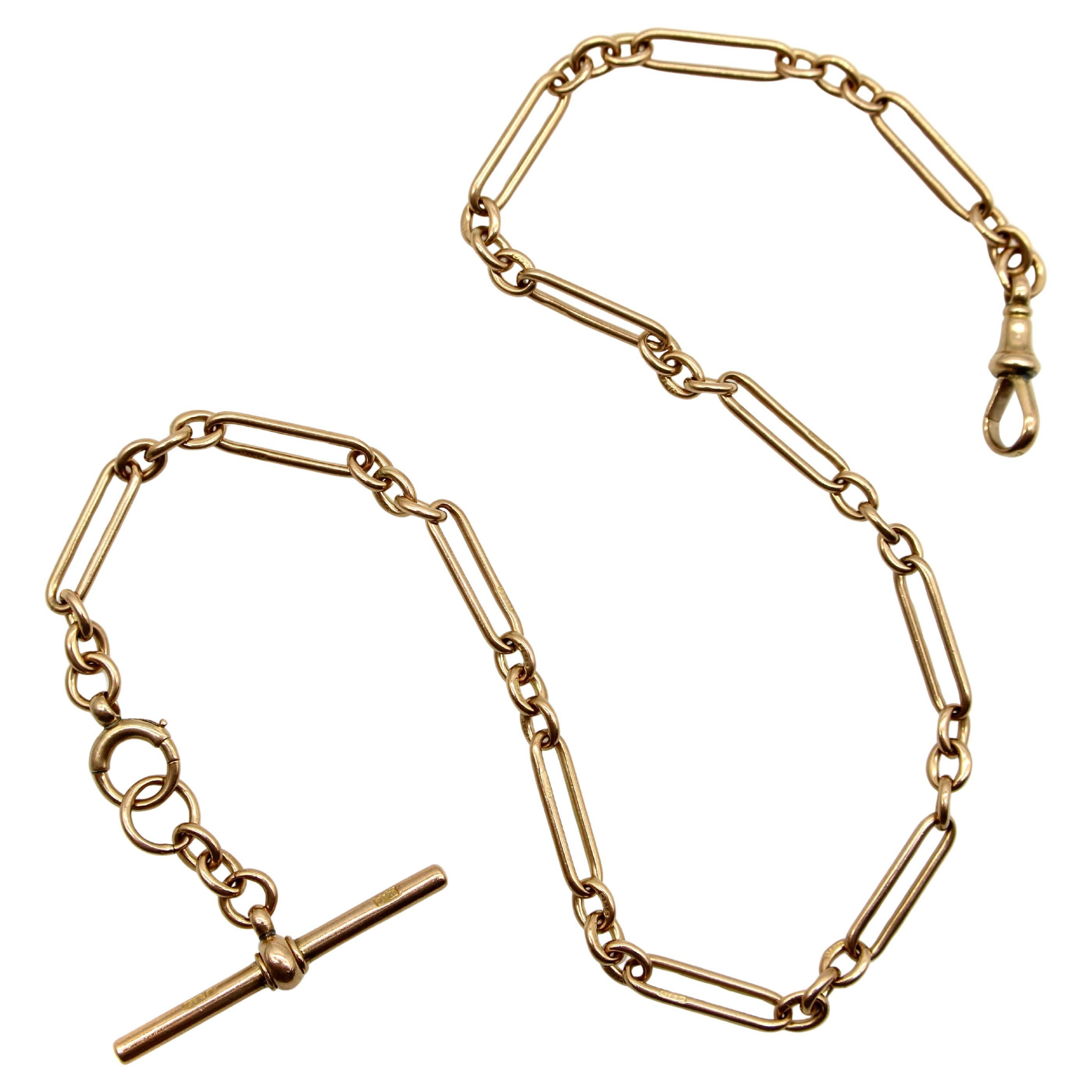 Victorian 9K Gold Trombone Link Chain with T-Bar, Spring Ring, and Dog Clip For Sale