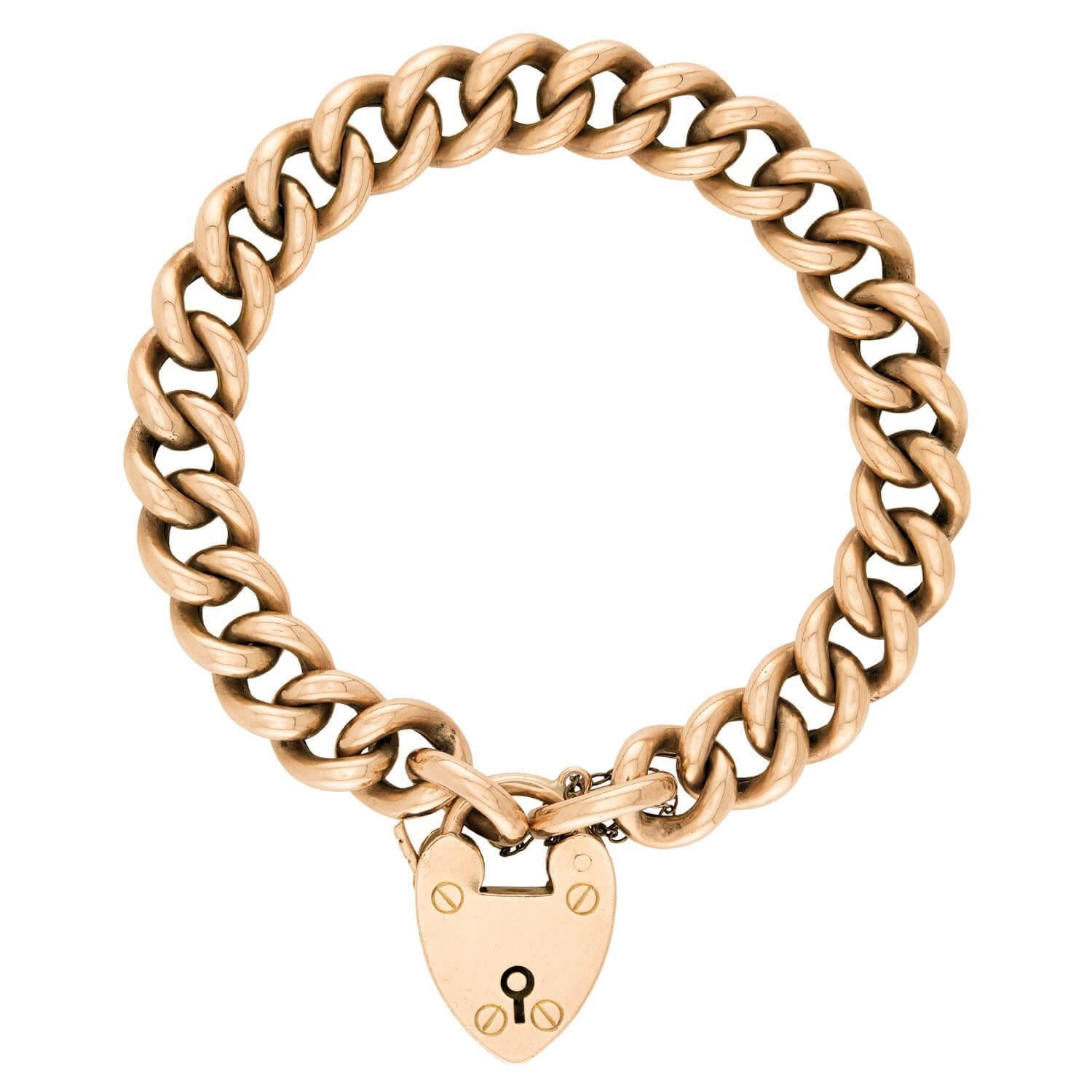 Victorian 9k Heart Padlock Curb Link Bracelet Pour femmes en vente