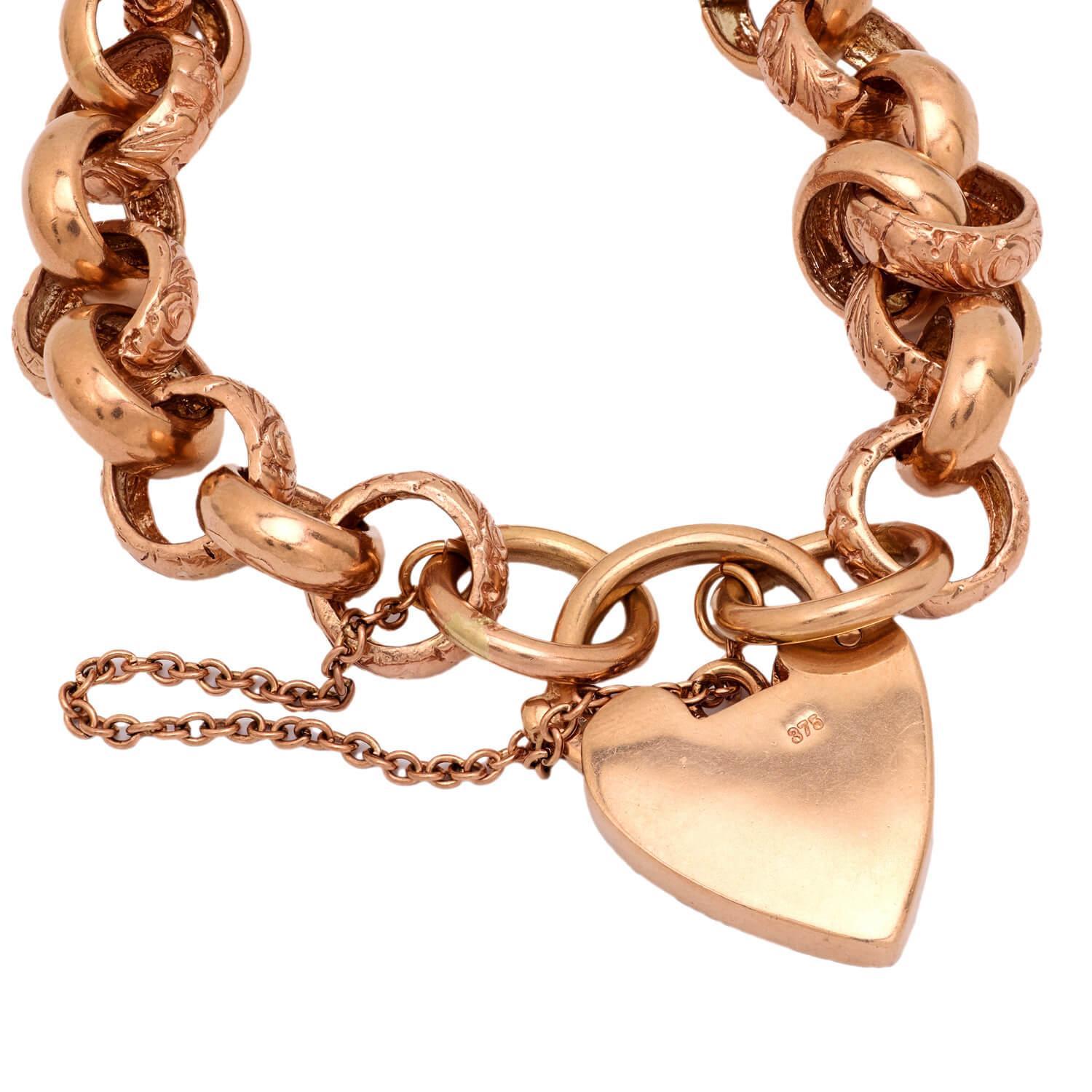 Viktorianische 9k Repousse Herz Vorhängeschloss Link-Armband Damen im Angebot