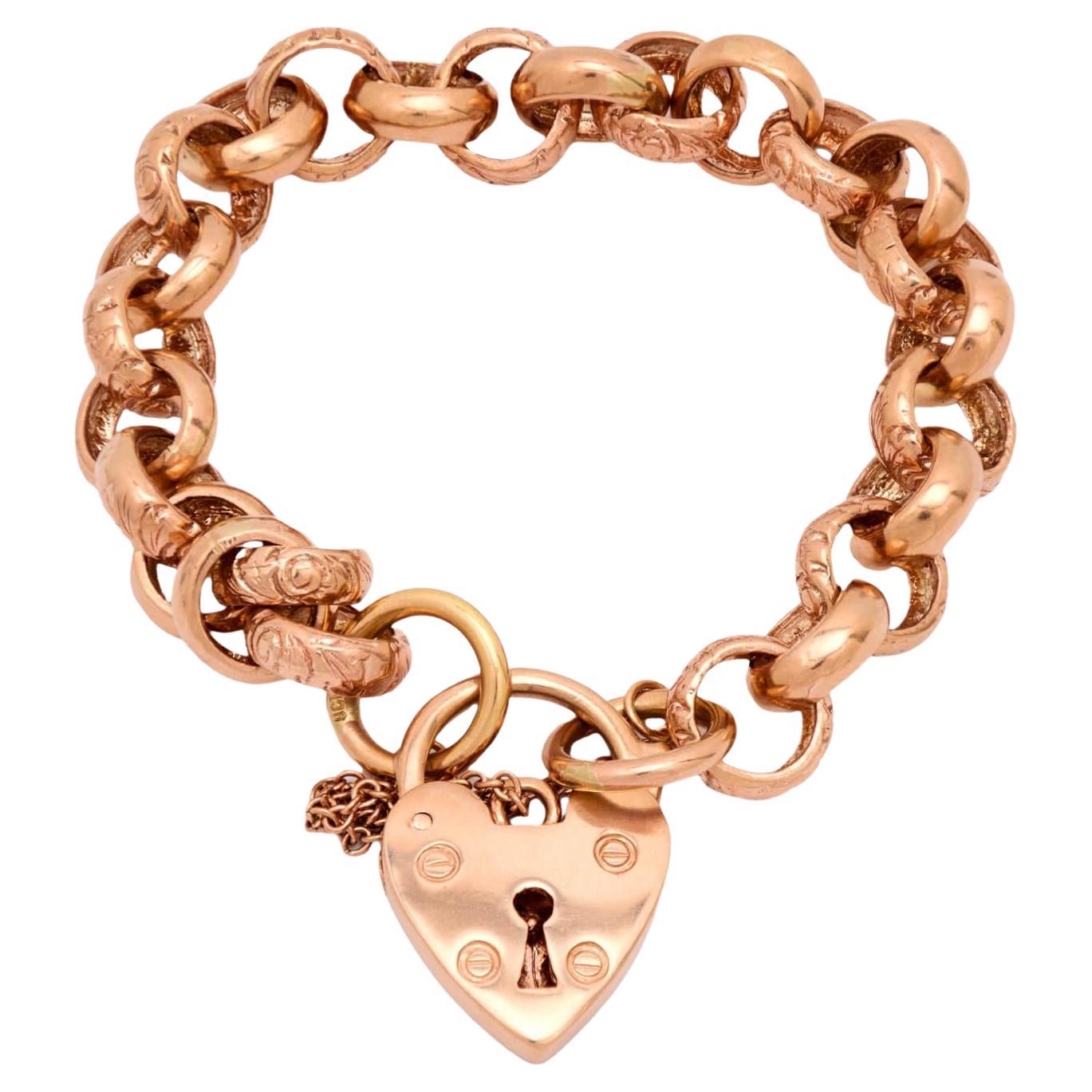 Viktorianische 9k Repousse Herz Vorhängeschloss Link-Armband im Angebot