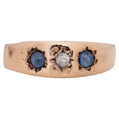 Victorian 9K Rose Gold Antique Sapphire and Old Mine Diamond Three Stone Ring
