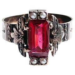 Victorian 9K Rose Gold Antique Seed Pearl and Red Glass Statement Ring