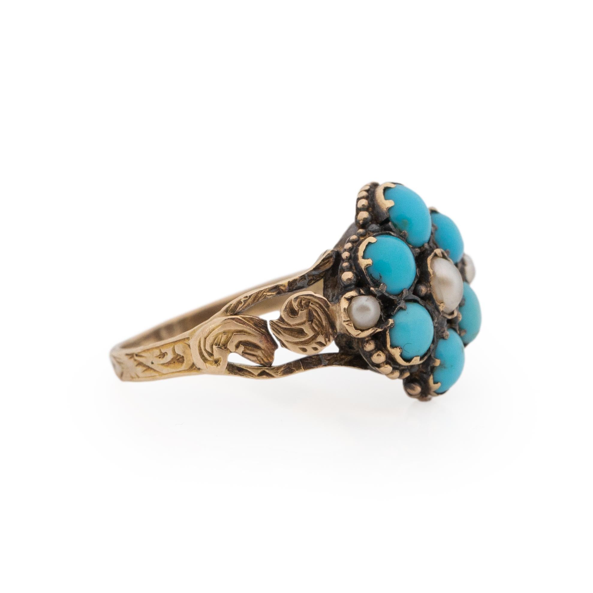 Cabochon Victorian 14K Rose Gold Hand Carved Antique Turquoise and Seed Pearl Flower Ring