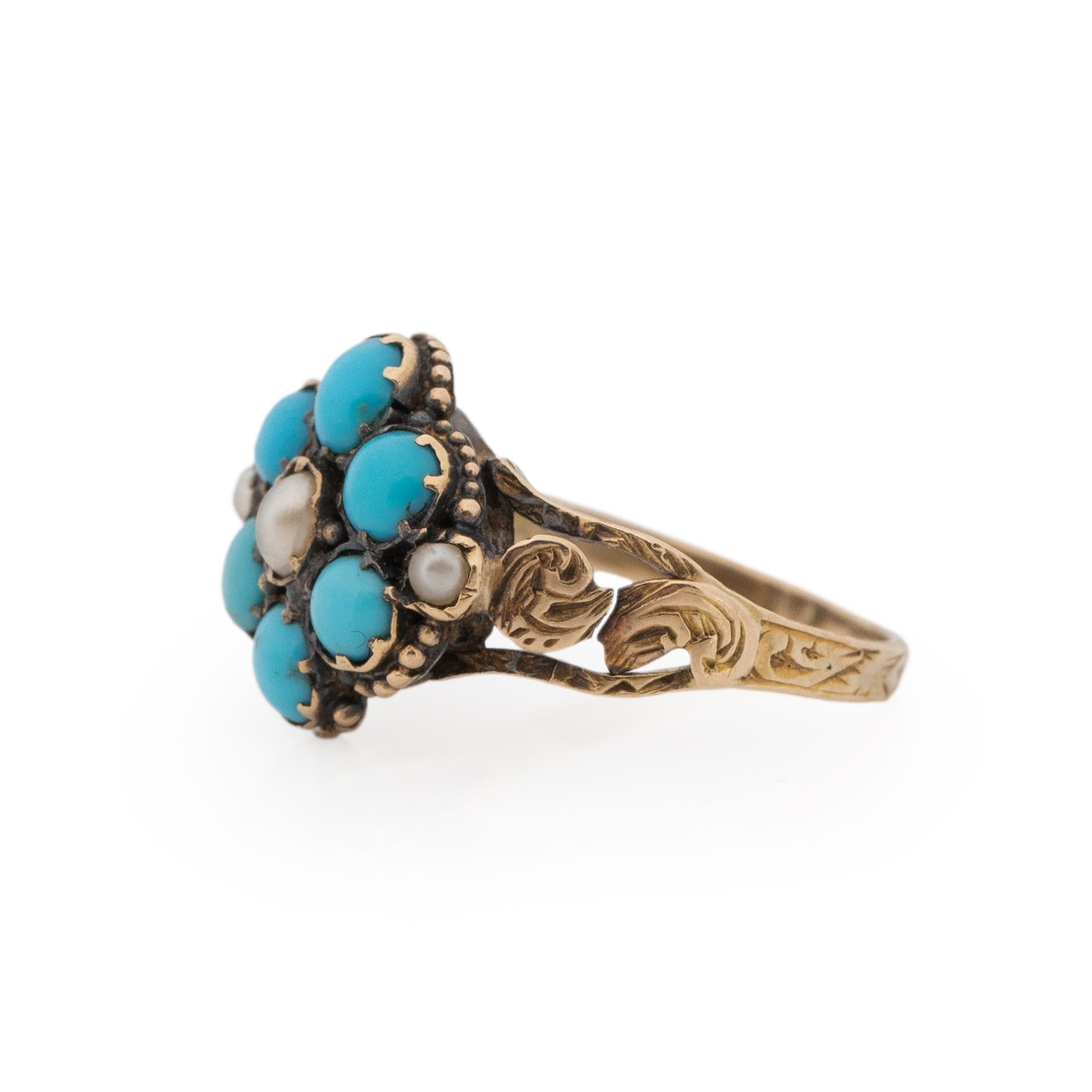 Women's or Men's Victorian 14K Rose Gold Hand Carved Antique Turquoise and Seed Pearl Flower Ring