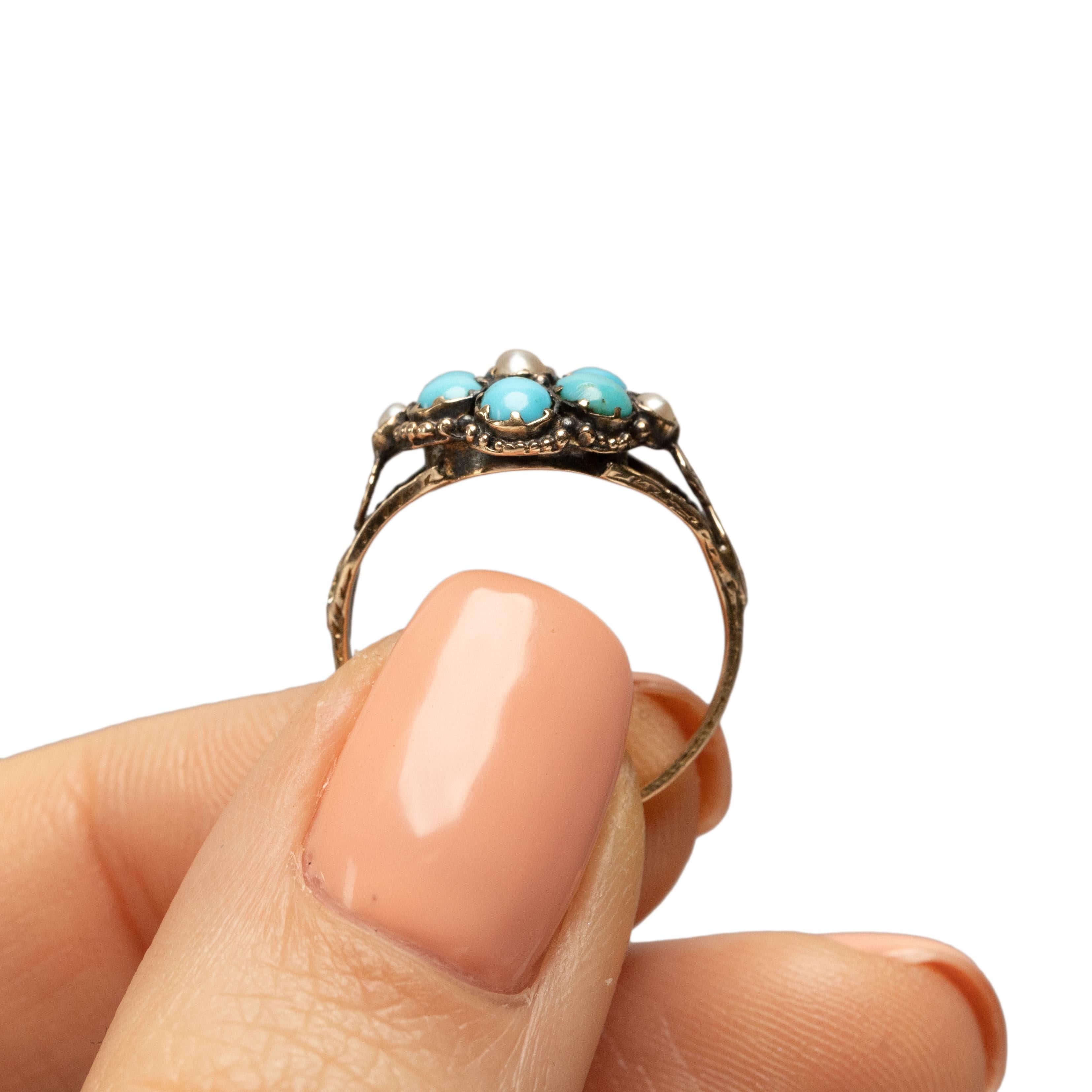 Victorian 14K Rose Gold Hand Carved Antique Turquoise and Seed Pearl Flower Ring 4