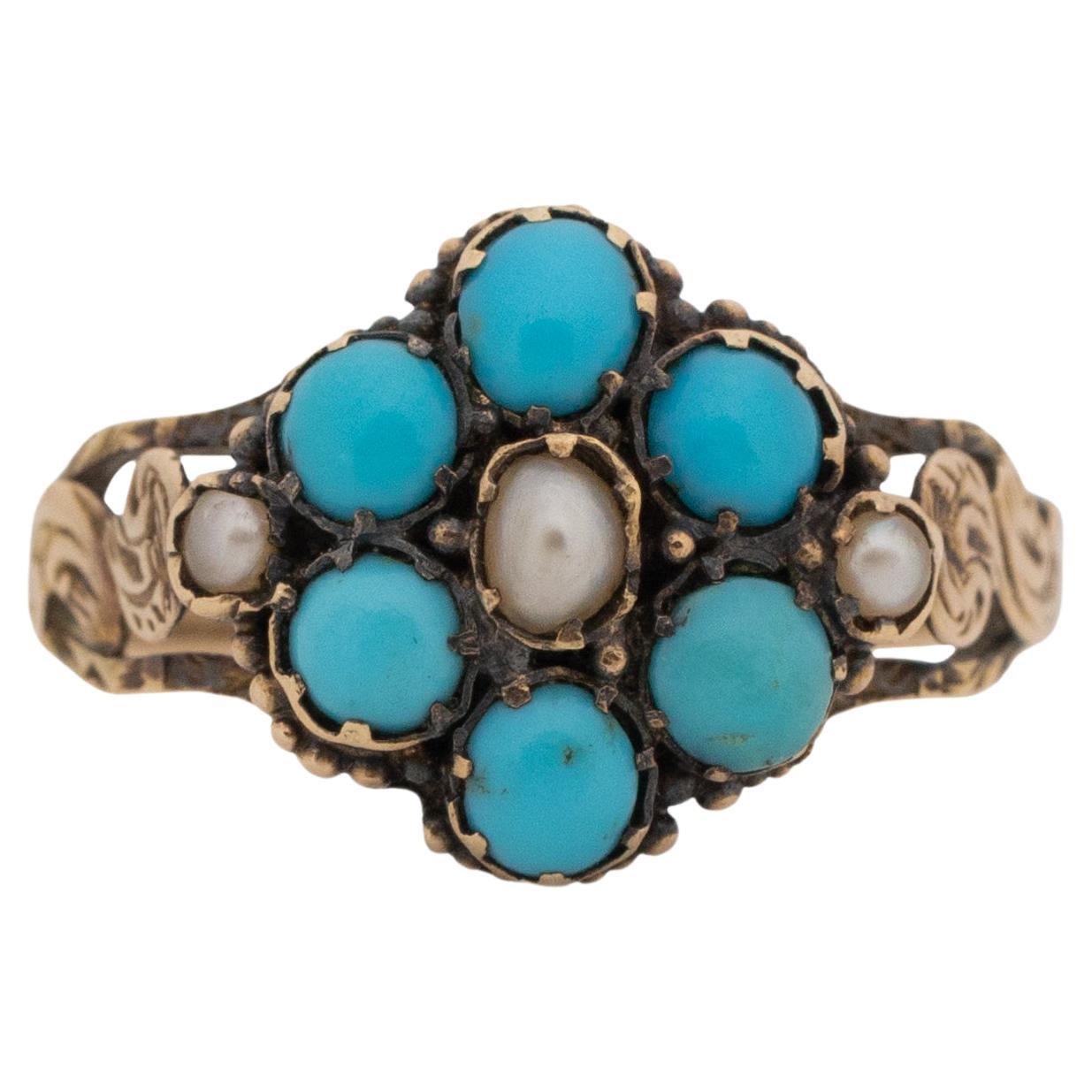 Victorian 14K Rose Gold Hand Carved Antique Turquoise and Seed Pearl Flower Ring