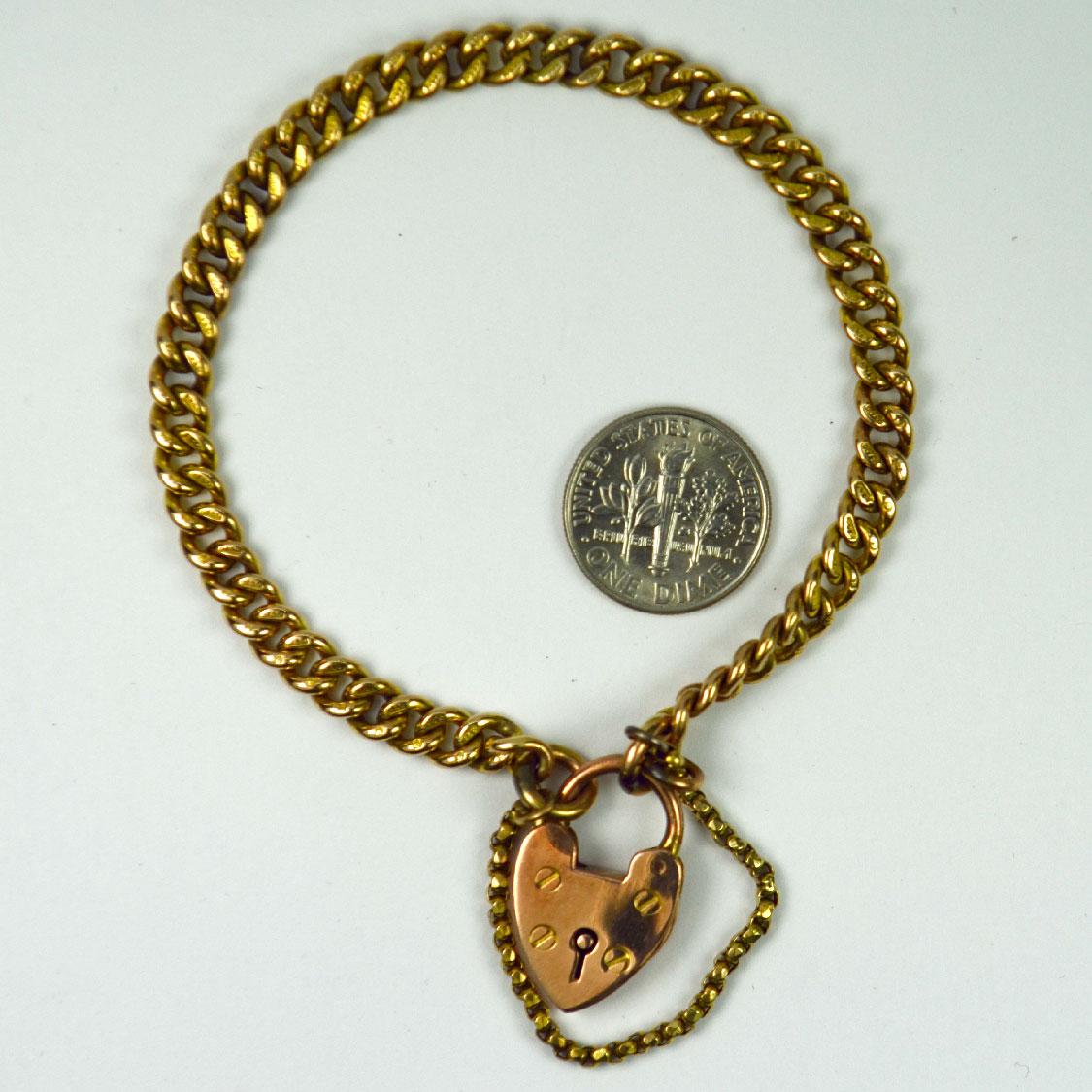Victorian 9K Rose Gold Heart Padlock Link Bracelet In Good Condition For Sale In London, GB