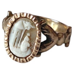 Victorian 9K Rose Gold Rebecca at the Well Shell Cameo Ring, Size 7.5