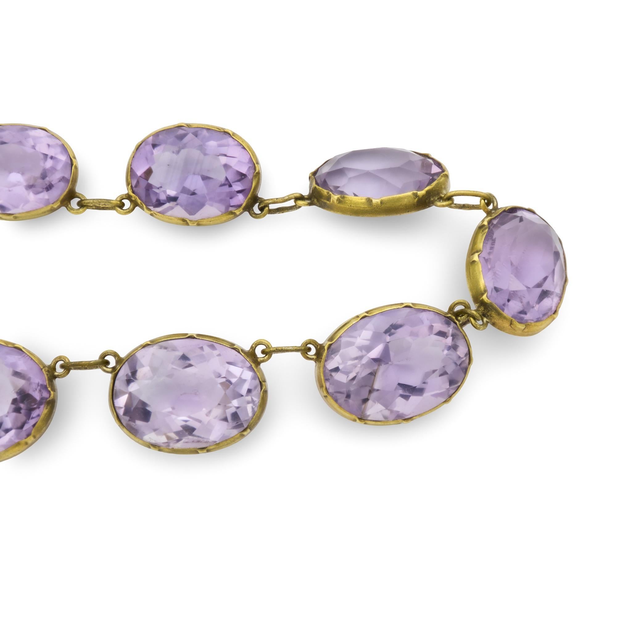 Oval Cut Victorian 9k/Silver Gilt Amethyst Riviera Necklace For Sale