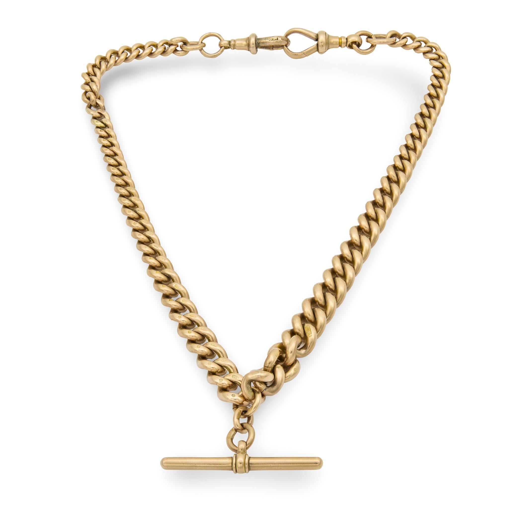 ¡Impresionante collar de cadena de reloj de la época victoriana (hacia 1880)! Elaborado en oro rosa de 9 quilates, este collar presenta eslabones lisos y sencillos. En la parte posterior de cada eslabón hay estampados un 