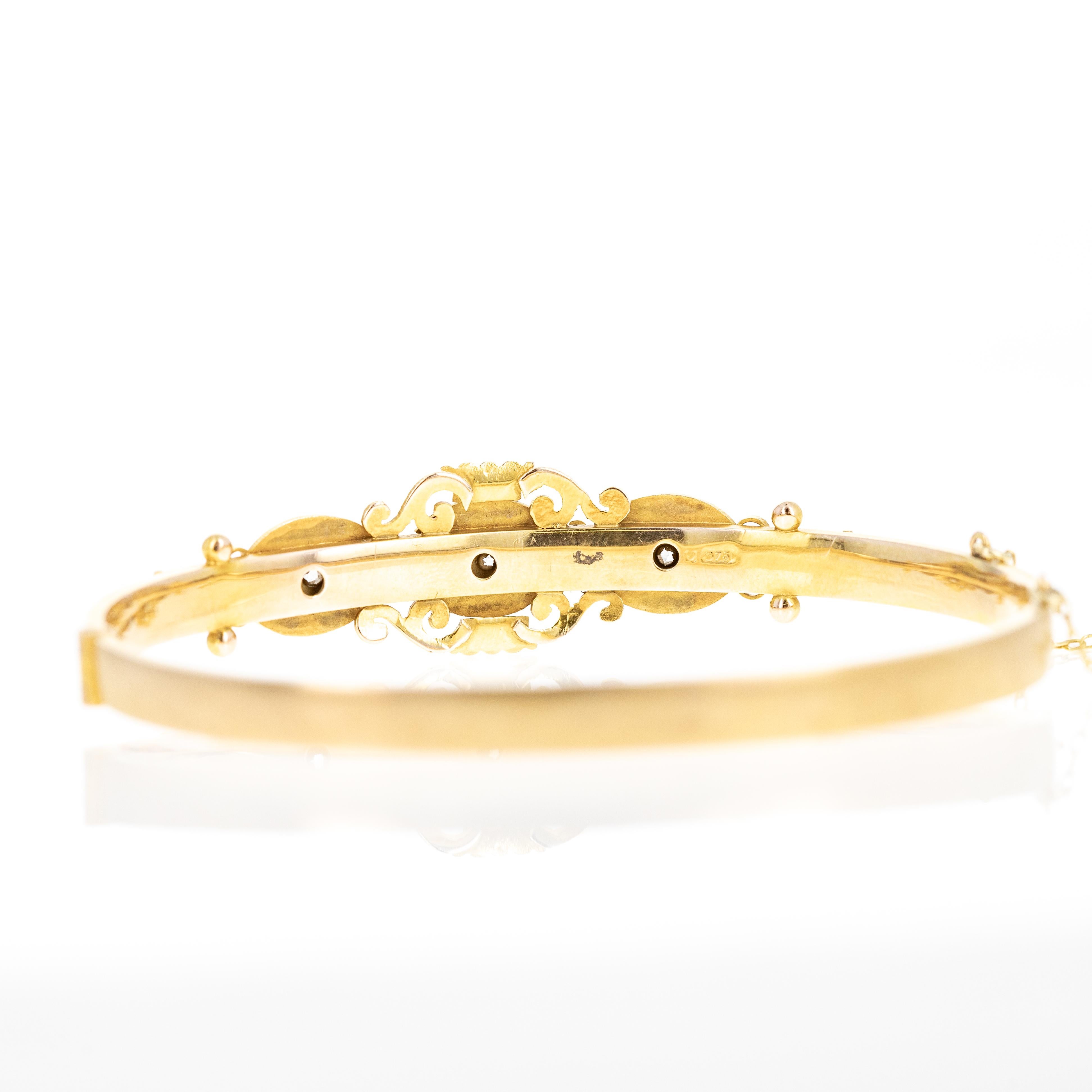 Rose Cut Victorian 9K Yellow Gold 0.10 Carat Sapphire Diamond Brushed Bracelet For Sale