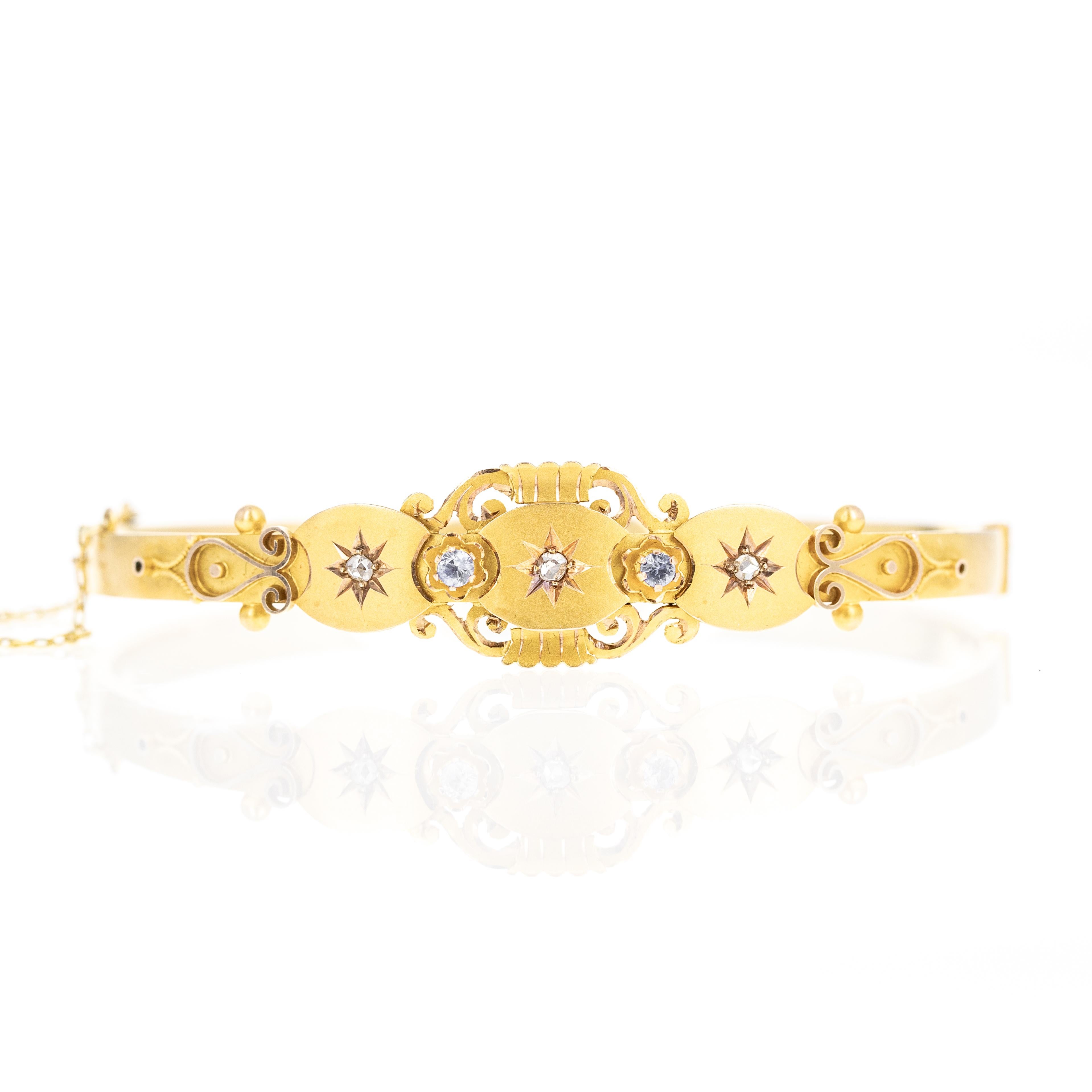 Victorian 9K Yellow Gold 0.10 Carat Sapphire Diamond Brushed Bracelet For Sale 1