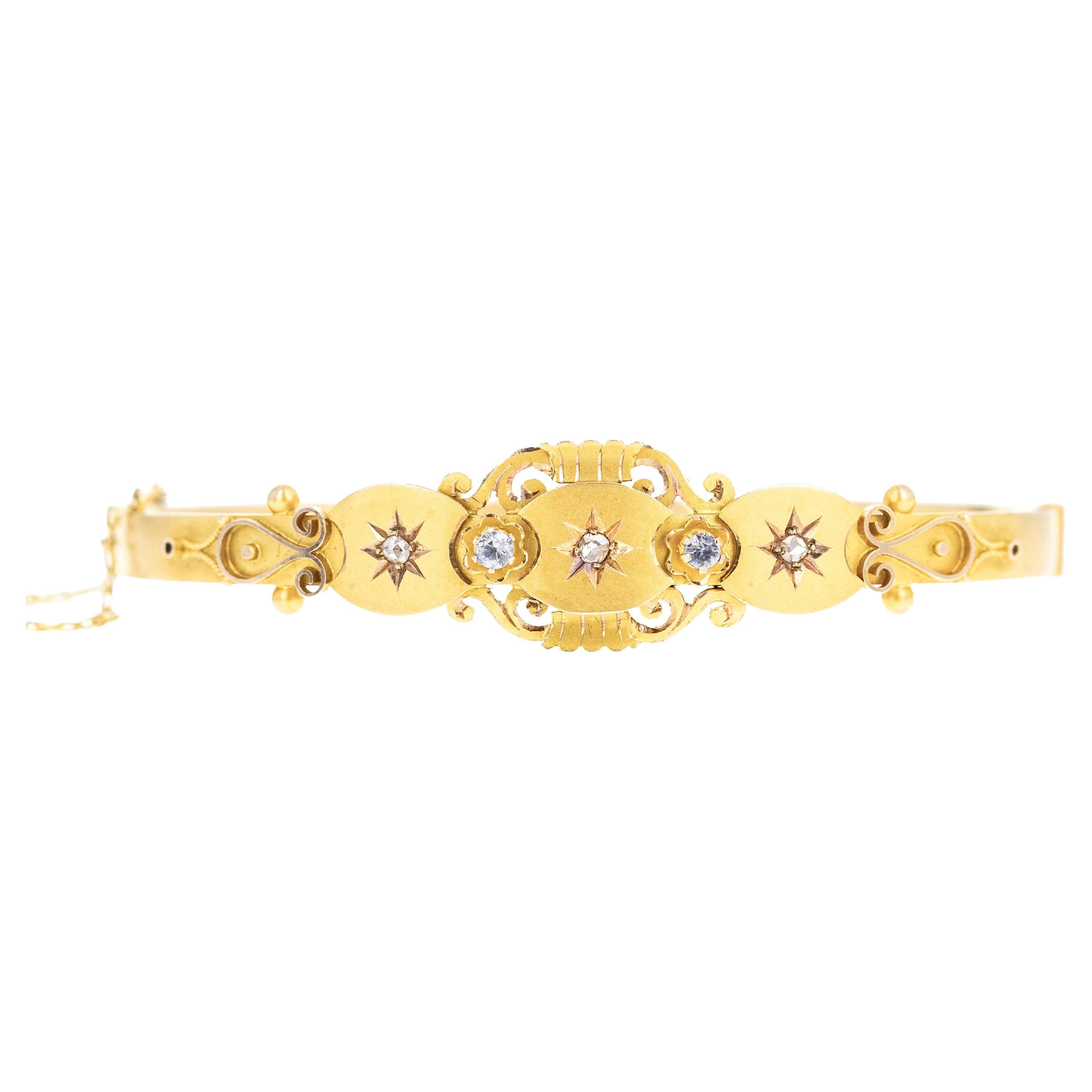 Victorian 9K Yellow Gold 0.10 Carat Sapphire Diamond Brushed Bracelet
