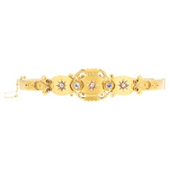 Antique Victorian 9K Yellow Gold 0.10 Carat Sapphire Diamond Brushed Bracelet