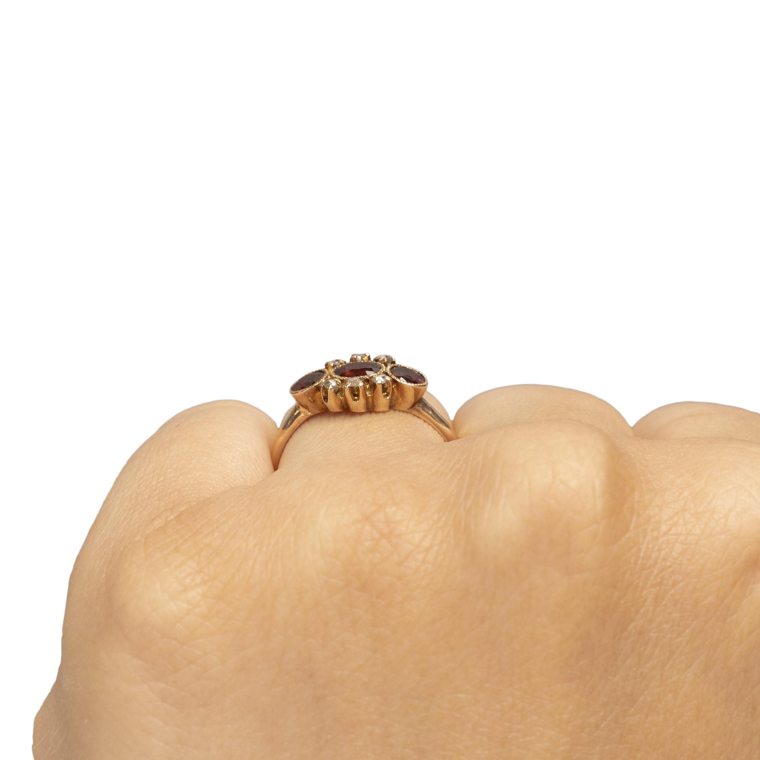 Women's or Men's Victorian 9K Yellow Gold Vintage Three Stone Garnet and Diamond Low Profile Ring