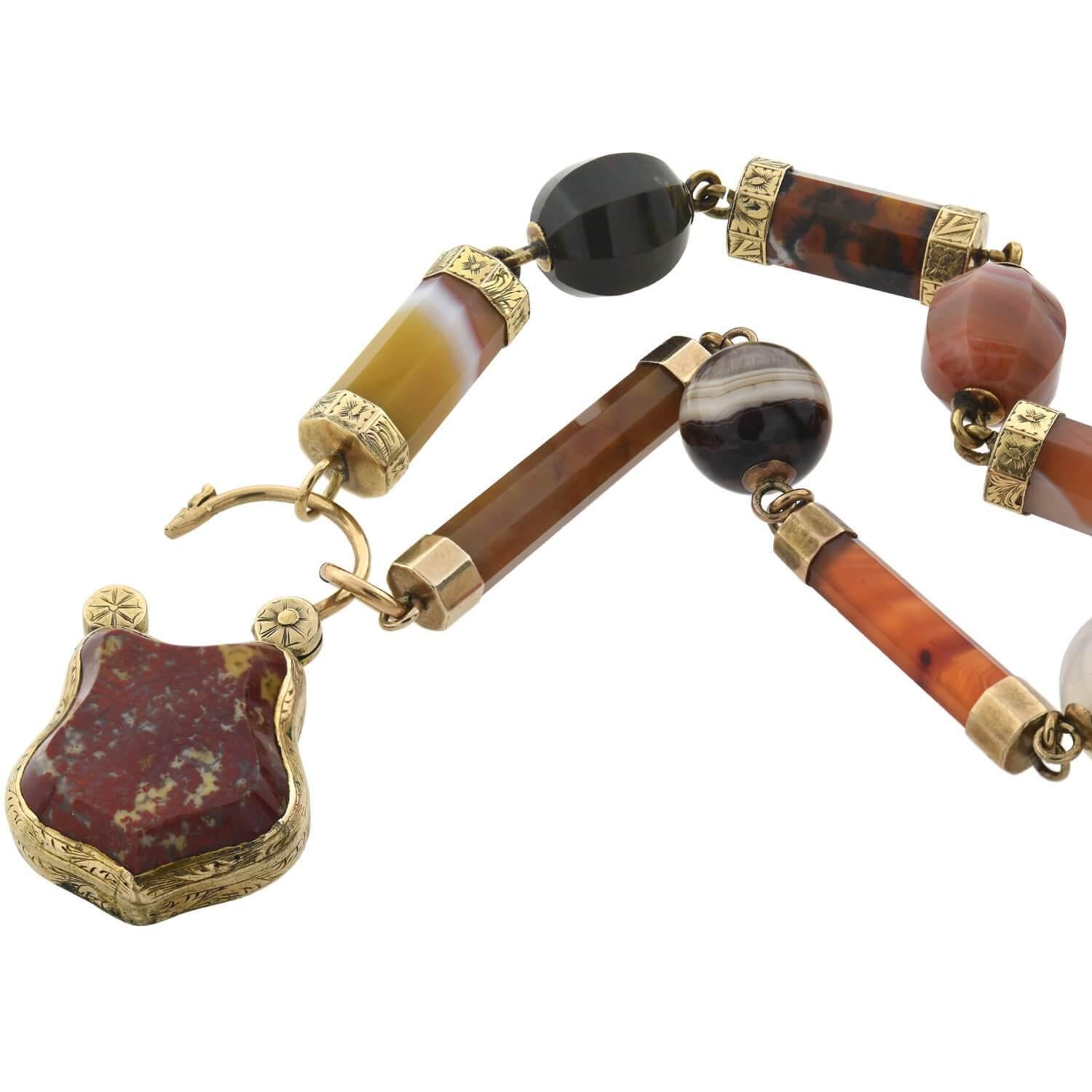 Mixed Cut Victorian 9 Karat Banded Agate Link Convertible 3 Bracelet/Necklace, Set
