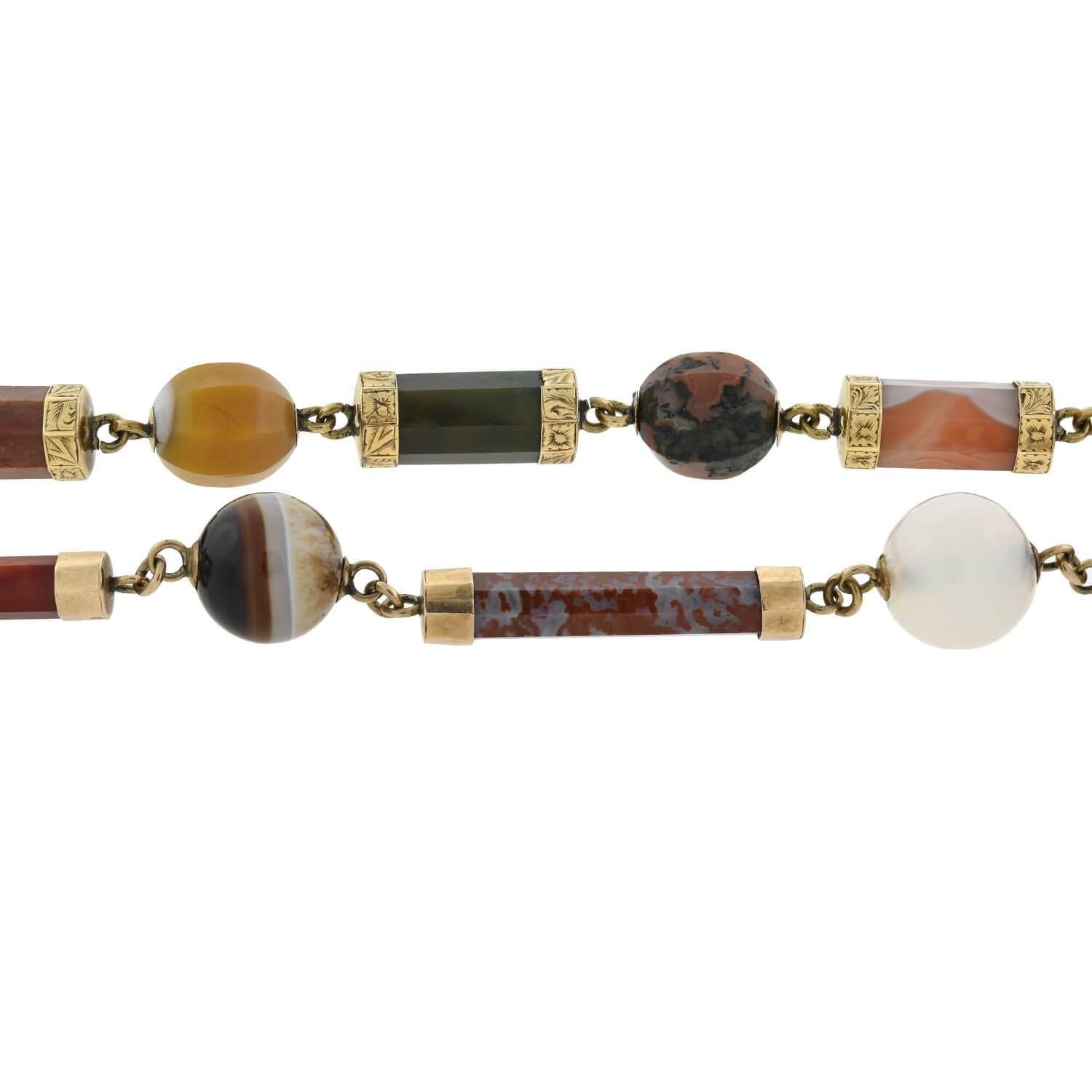 Victorian 9 Karat Banded Agate Link Convertible 3 Bracelet/Necklace, Set In Good Condition In Narberth, PA