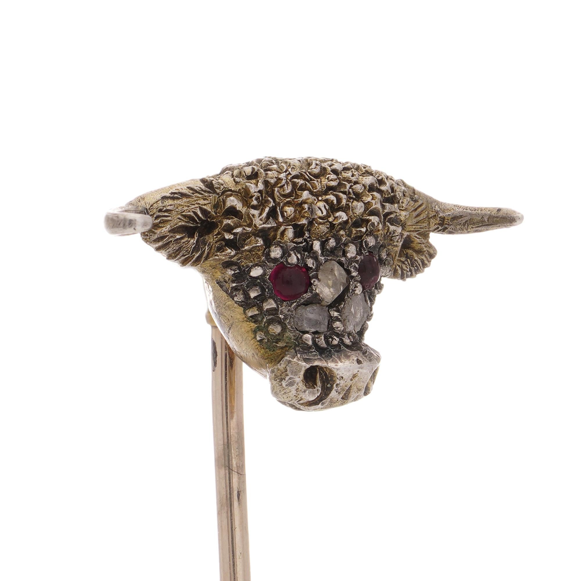 Women's or Men's Victorian 9kt gold and silver bull - head stick pin For Sale