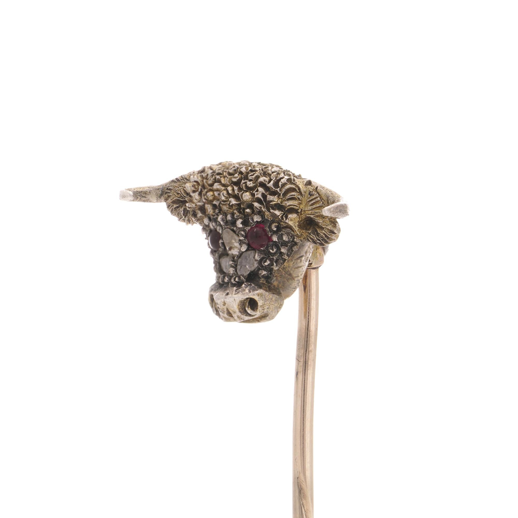 Victorian 9kt gold and silver bull - head stick pin For Sale 1
