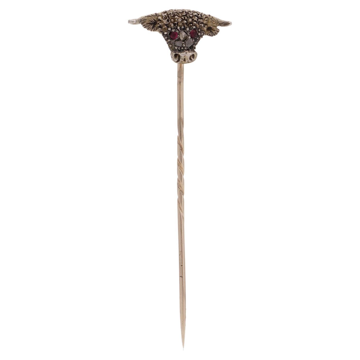 Victorian 9kt gold and silver bull - head stick pin
