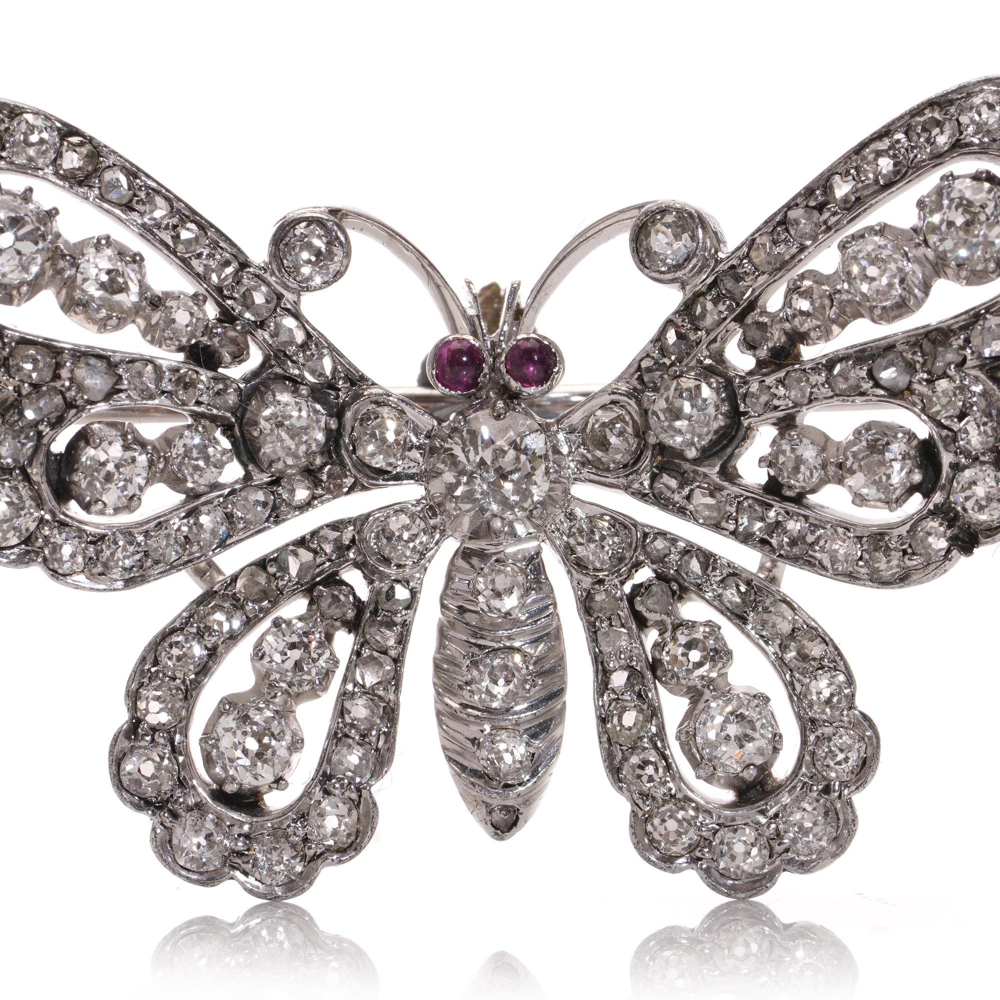 Victorian 9kt gold and silver butterfly brooch with old cut diamonds rubies In Good Condition For Sale In Braintree, GB