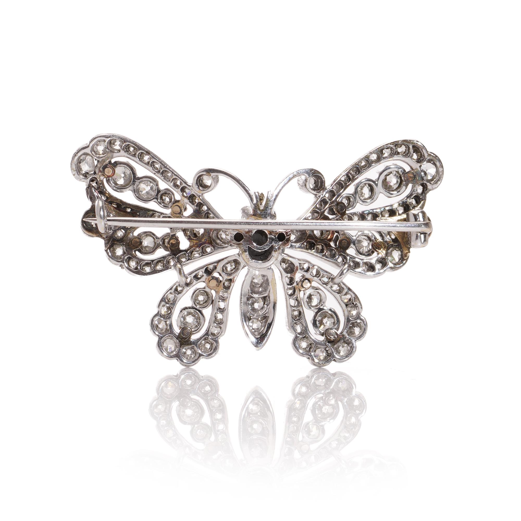 Women's Victorian 9kt gold and silver butterfly brooch with old cut diamonds rubies For Sale