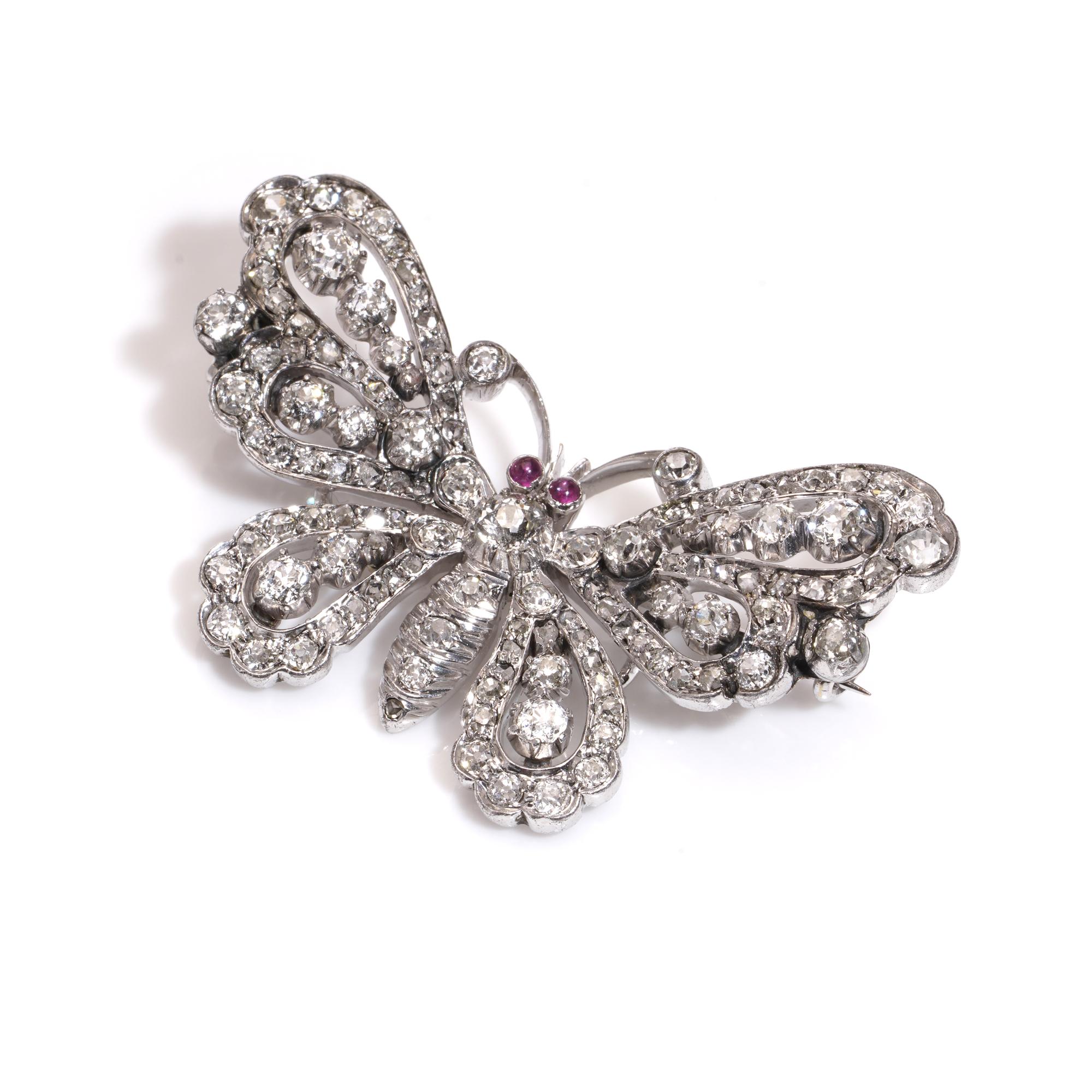 Victorian 9kt gold and silver butterfly brooch with old cut diamonds rubies For Sale 1