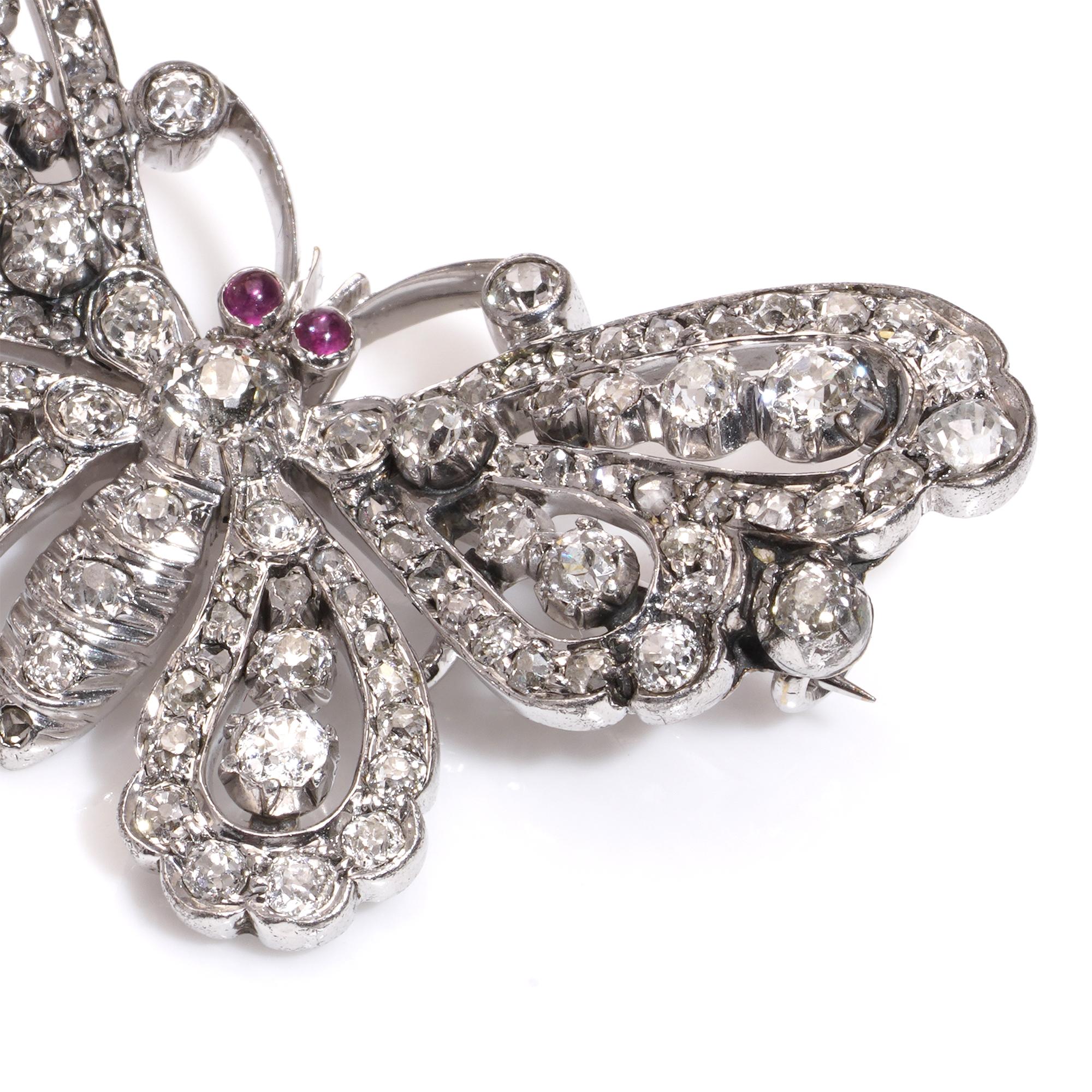 Victorian 9kt gold and silver butterfly brooch with old cut diamonds rubies For Sale 2