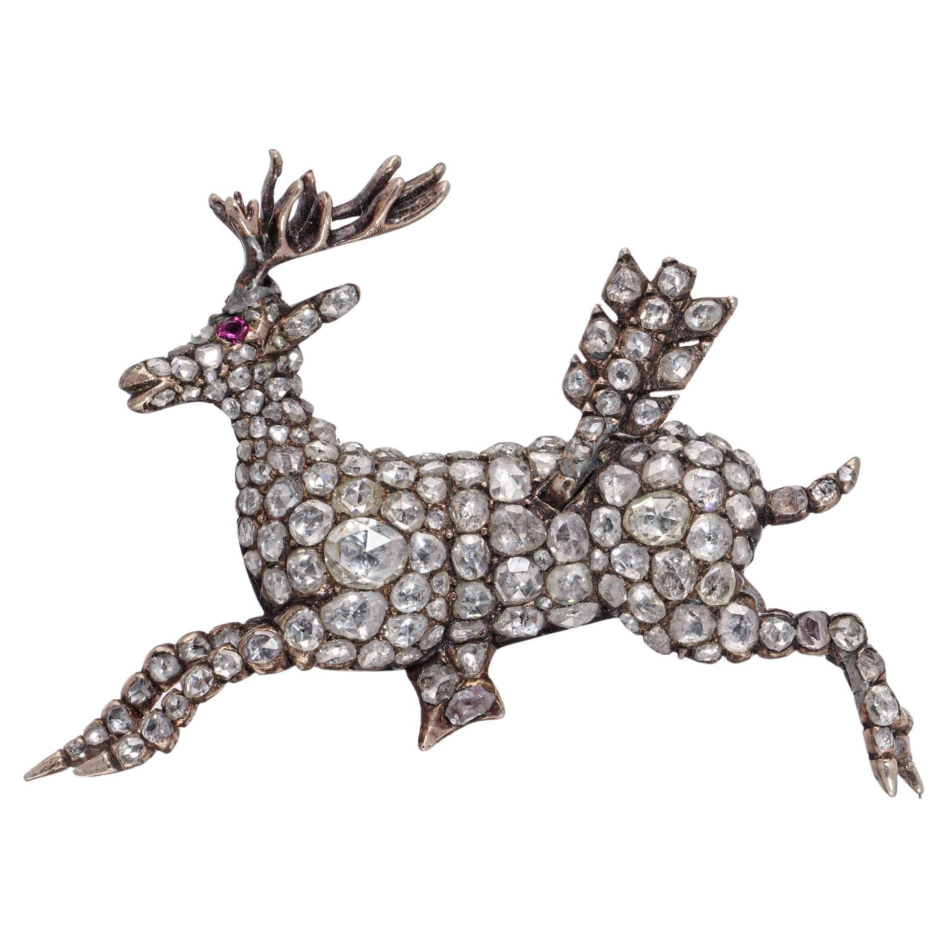 Victorian 9kt Gold and Silver Diamond Reindeer brooch