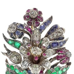 Victorian 9KT Gold and Silver Emerald, Ruby, Sapphire and Diamond Floral Brooch