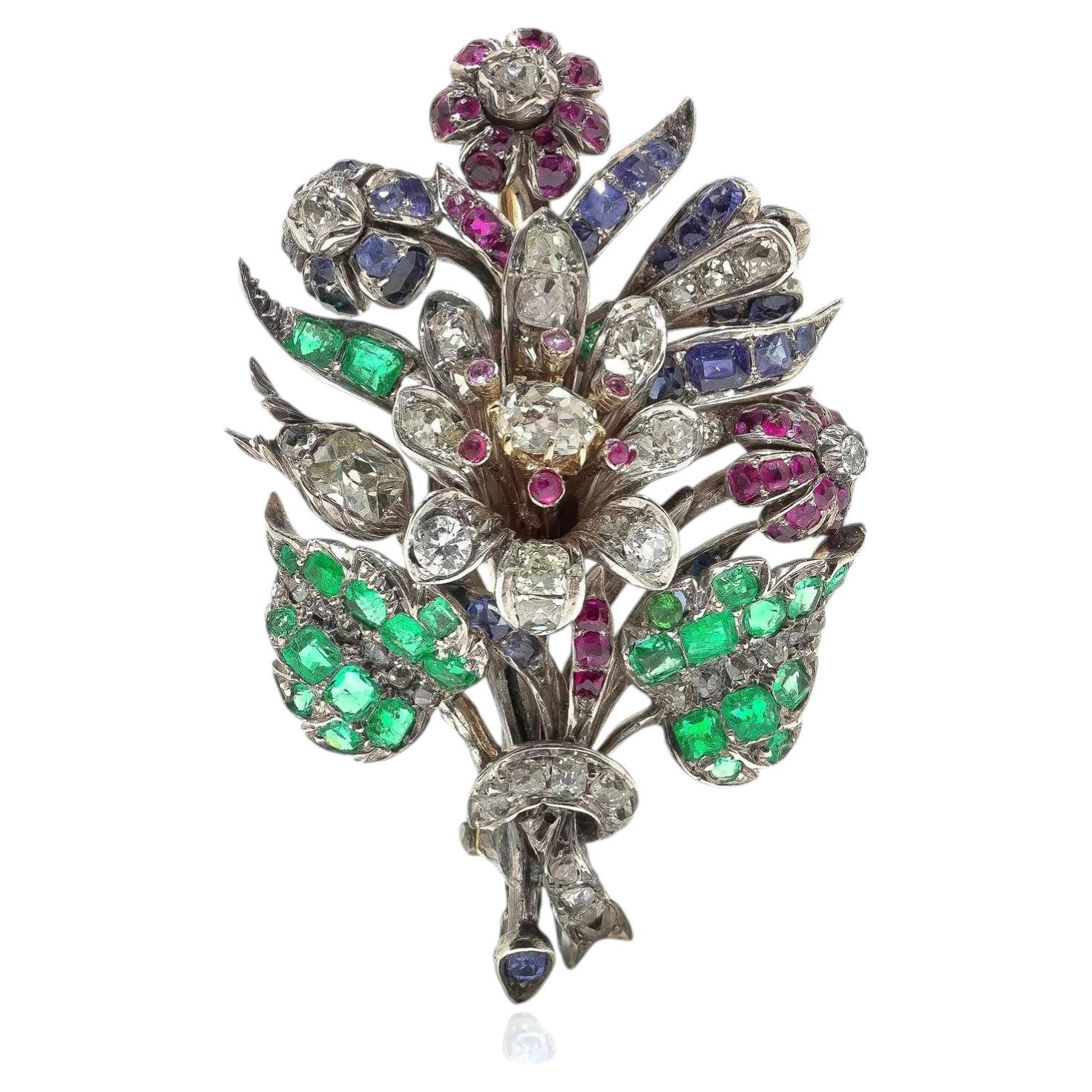 Victorian 9KT Gold and Silver Emerald, Ruby, Sapphire and Diamond Floral Brooch