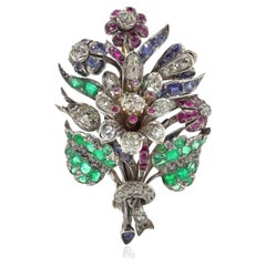 Victorian 9KT Gold and Silver Emerald, Ruby, Sapphire and Diamond Floral Brooch