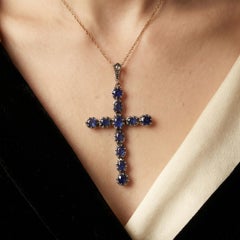 Victorian 9KT Gold and Silver Sapphire Cross Pendant