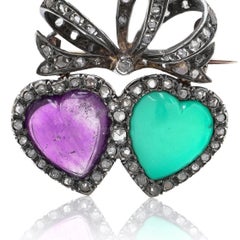 Victorian 9KT Gold and Silver Turquoise, Amethyst and Diamond Double Heart Brooc