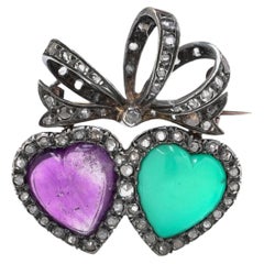 Victorian 9KT Gold and Silver Turquoise, Amethyst and Diamond Double Heart Brooc