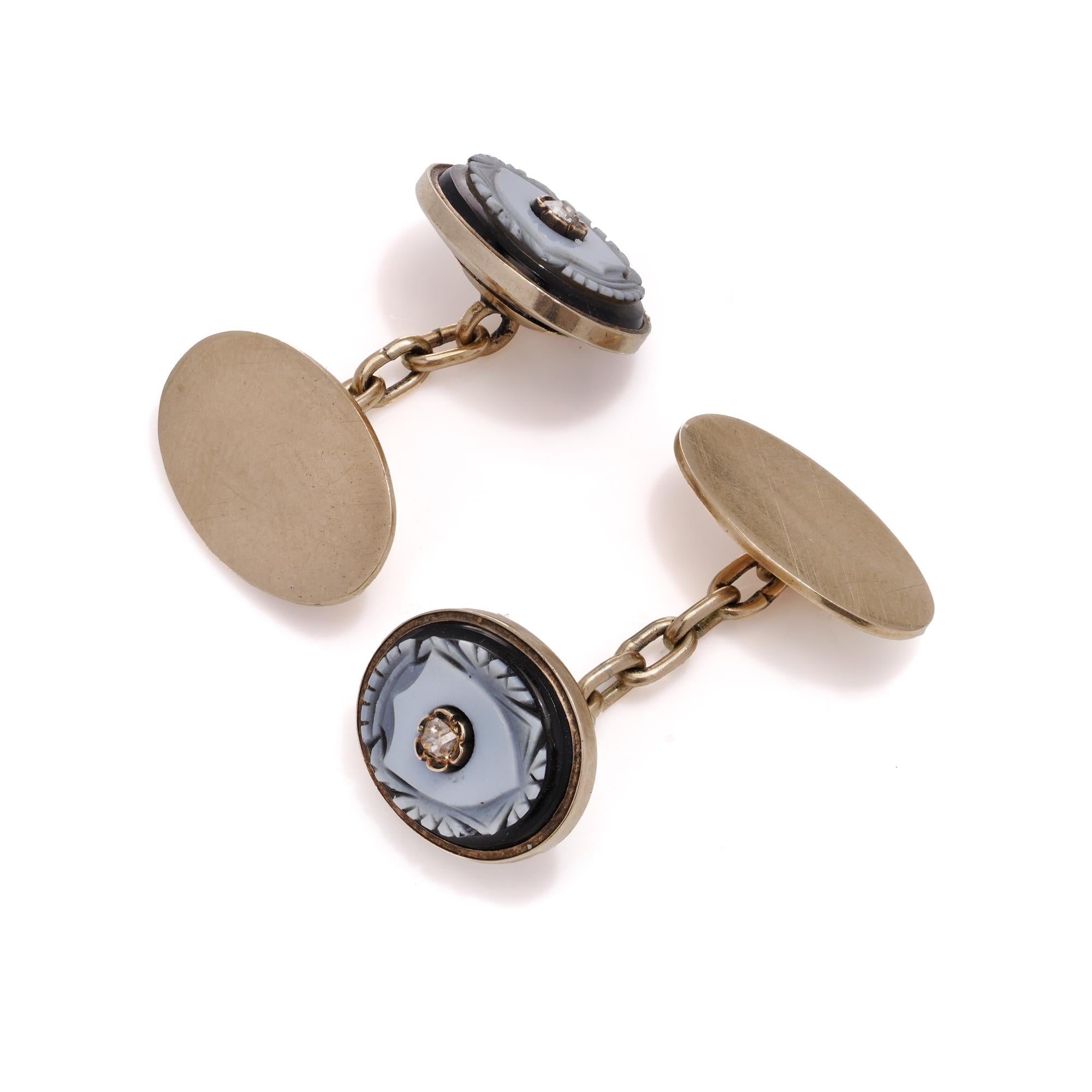 Oval Cut Victorian 9kt. Gold Banded Agate Cufflinks For Sale