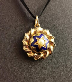 Victorian 9kt Gold, Blue Enamel and Split Pearl Star Locket, Pendant