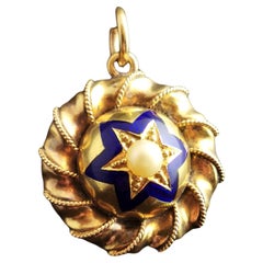 Victorian 9kt Gold, Blue Enamel and Split Pearl Star Locket, Pendant
