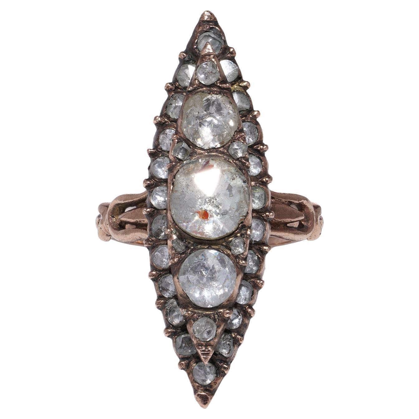 Victorian 9kt Gold Marquise-Shaped Diamond Ring with Rose-Cut Diamonds (1880s)