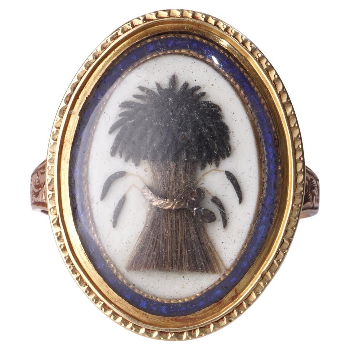 Victorian 9kt Gold Mourning Ring with Hairwork Sheaf of Wheat Motif For Sale