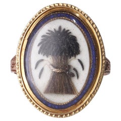 Antique Victorian 9kt Gold Mourning Ring with Hairwork Sheaf of Wheat Motif