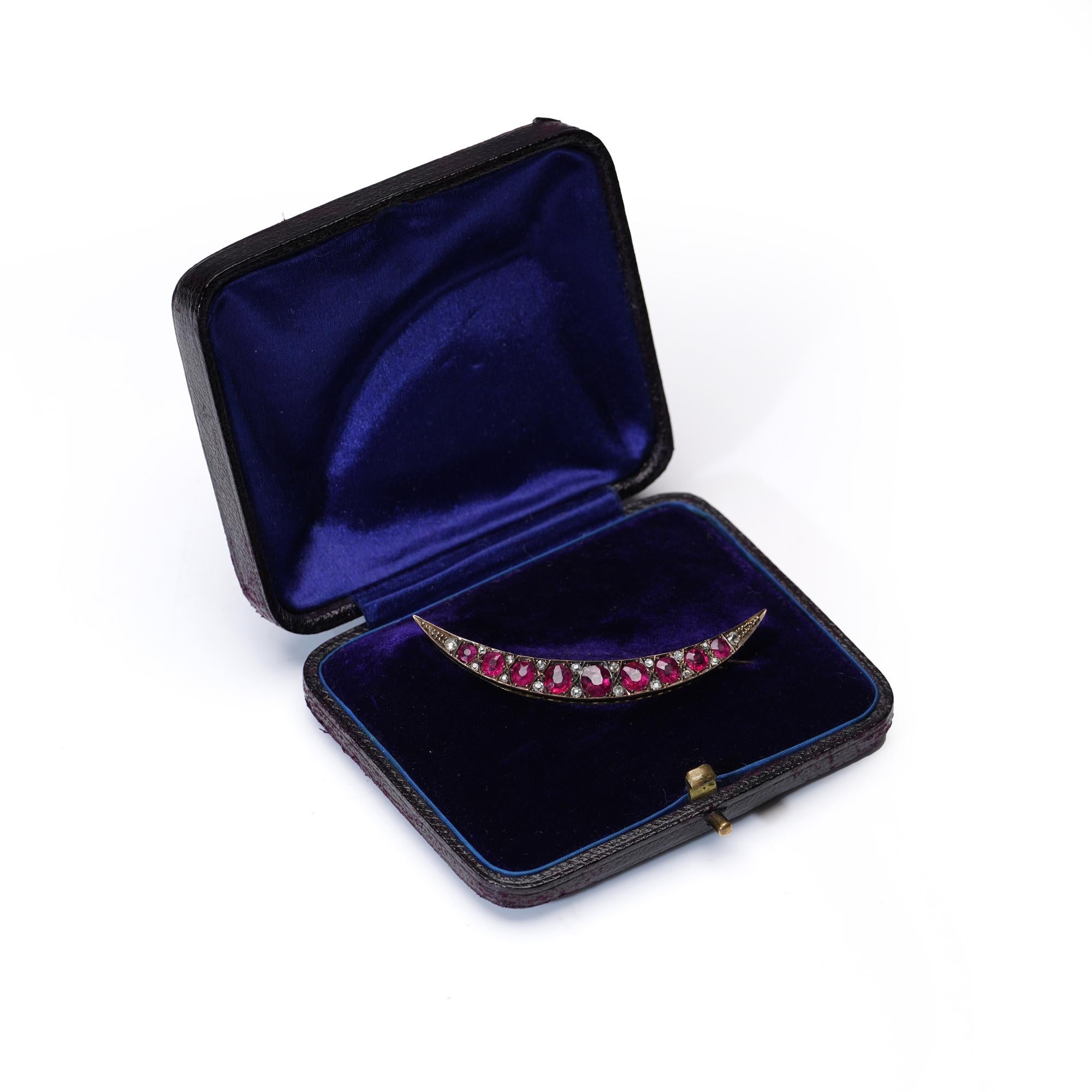 Rose Cut Victorian 9kt Gold ruby and diamond crescent brooch For Sale